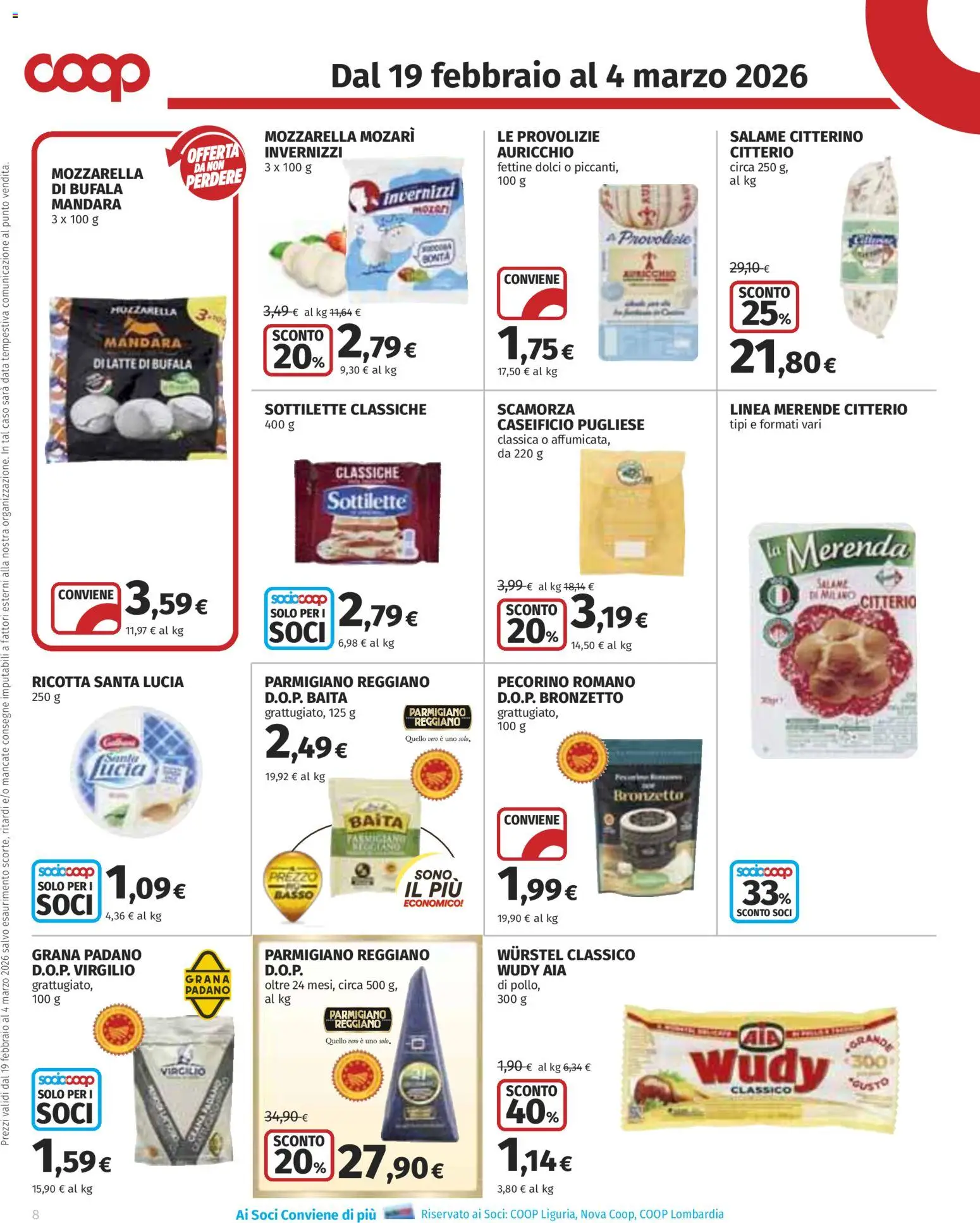 Volantino COOP del 19.02.2026 | Pagina: 8 | Prodotti: Grana Padano, Ricotta, Parmigiano reggiano, Parmigiano