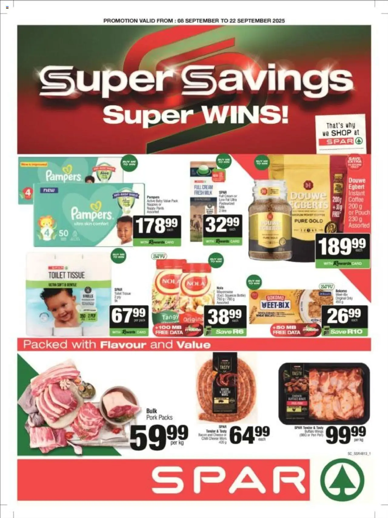 New Superspar catalogue – valid from 08.09.2025 | Page: 1 | Products: Data, Cheese, Coffee, Bacon
