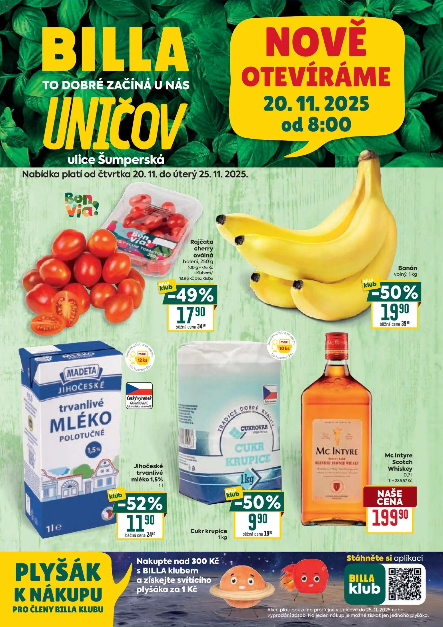 Billa leták - Speciál: Uničov od 20.11.2025 | Strana: 1 | Produkty: Whiskey, Mléko, Krupice, Cukr