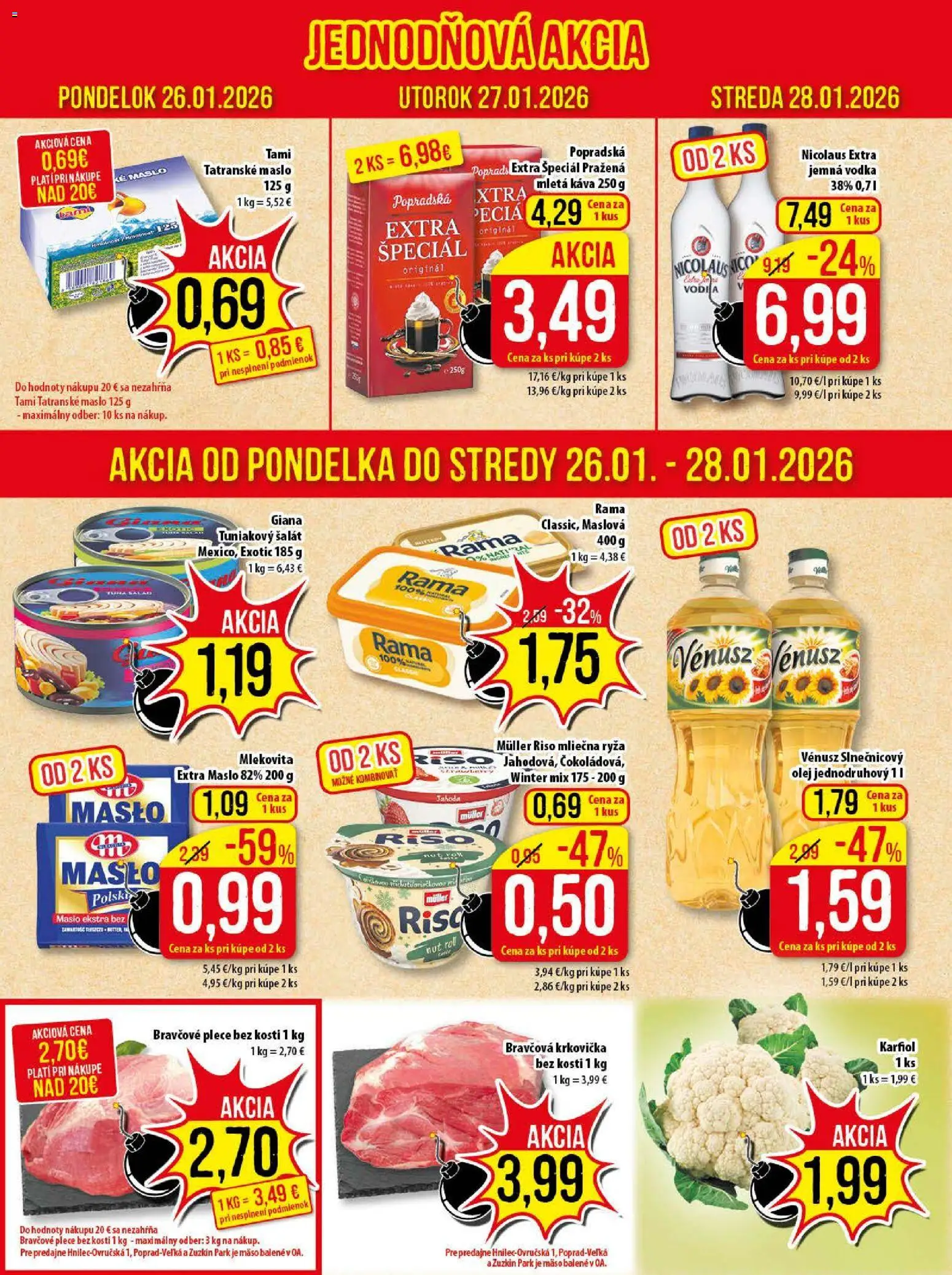 Nové Klas akcie – leták je platný od 26.01.2026 | Strana: 2 | Produkty: Olej, Karfiol, Šalát, Tatranské maslo