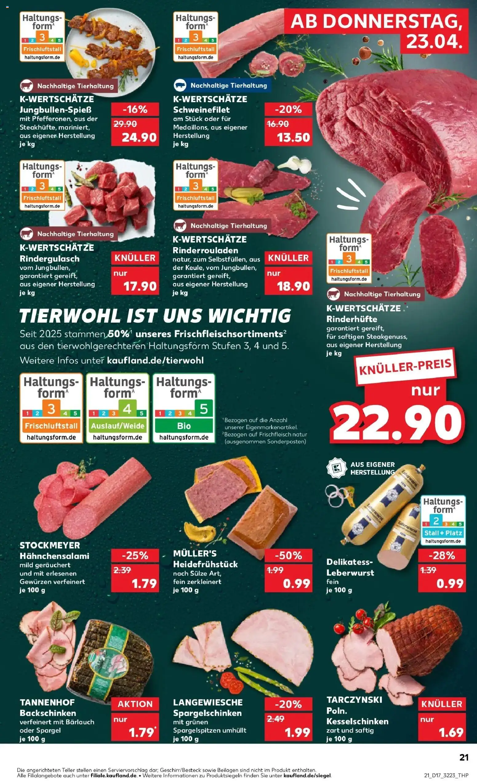 Kaufland Prospekt Mönchengladbach	 – gültig ab 23.04.2026 | Seite: 21 | Produkte: Rinderrouladen, Rindergulasch, Schweinefilet, Salami