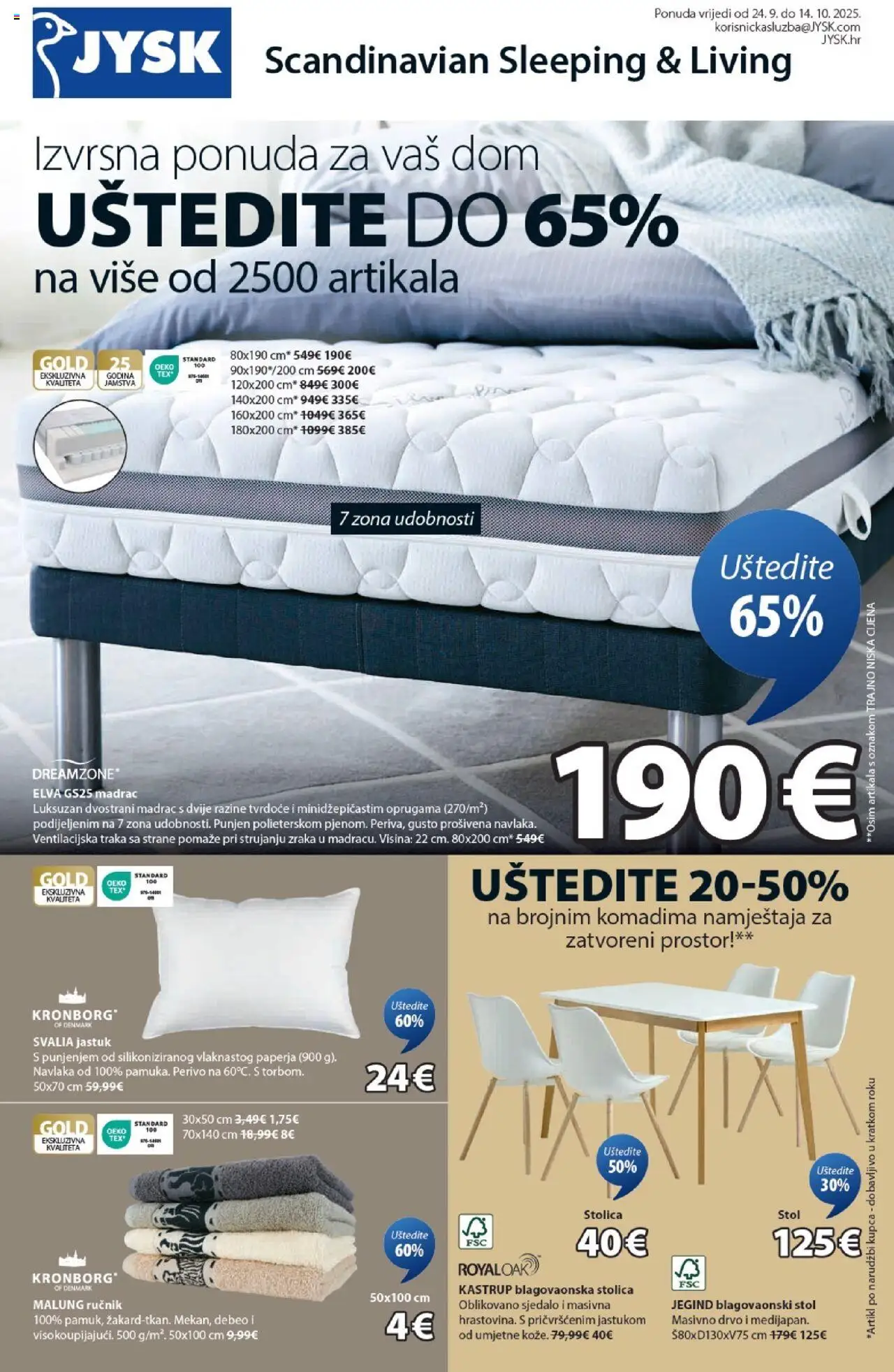 JYSK katalog | vrijedi od 24.09.2025 | Stranica: 1 | Proizvodi: Madrac, Jastuk, Stolica, Blagovaonska stolica