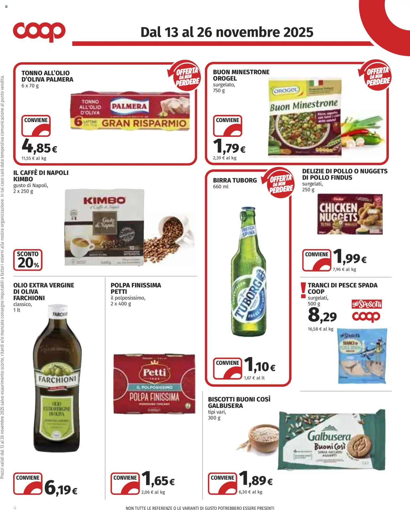 Volantino COOP del 13.11.2025 | Pagina: 4 | Prodotti: Birra, Pollo, Nuggets, Pesce spada
