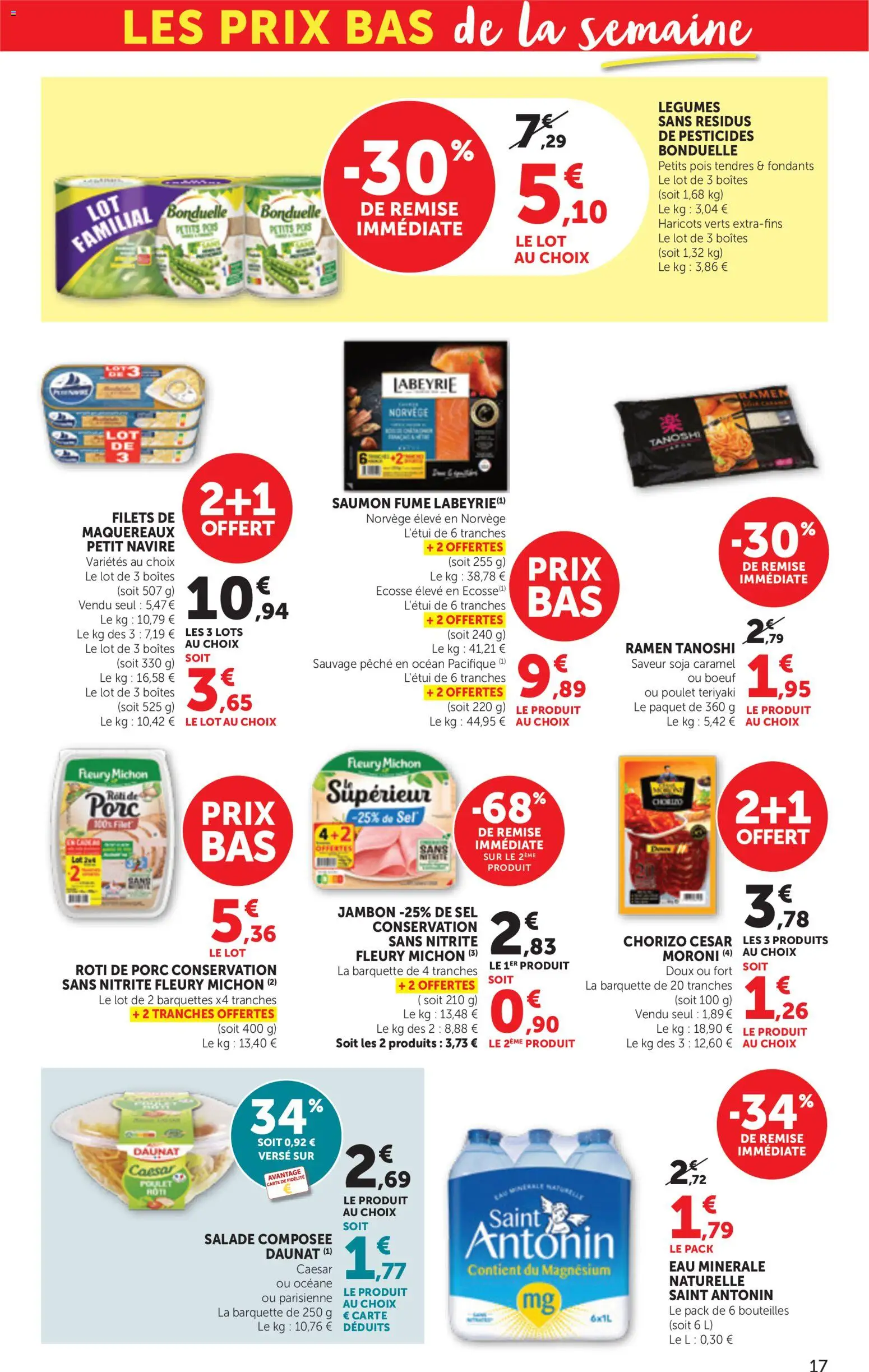 {H1} | Page: 17 | Produits: Eau minérale, Chorizo, Saumon fumé, Pois