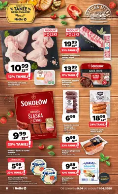 Pogląd oferty "Netto gazetka od czwartku spożywcza" - ważna od 09.04.2026 | Strona: 6 | Produkty: Kiełbasa, Burger wołowy, Grill, Camembert
