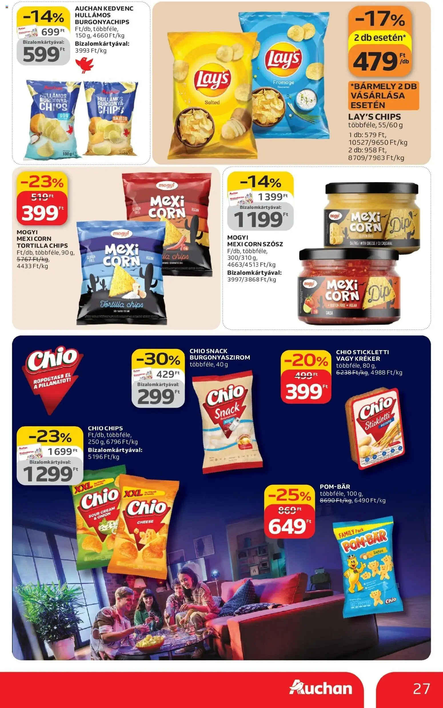 Auchan akciós ujság - amely érvényes a következő dátumtól: 12.03.2026 | Oldal: 27 | Termékek: Chips, Burgonya, Tortilla, Szósz