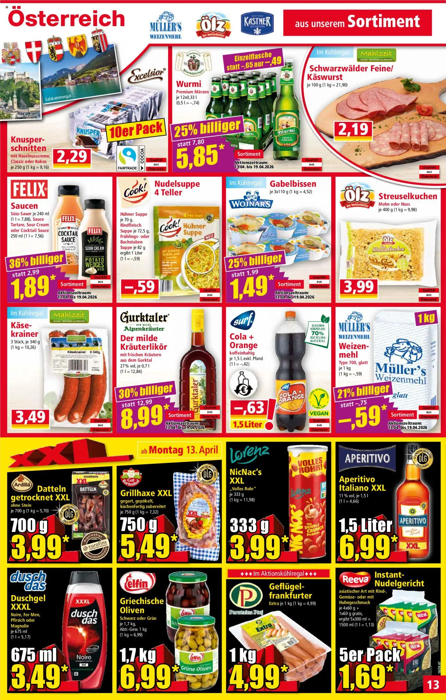 Norma Flugblatt gültig ab 13.04.2026 | Seite: 13 | Produkte: Gemüse, Käse, Duschgel, Rindfleisch