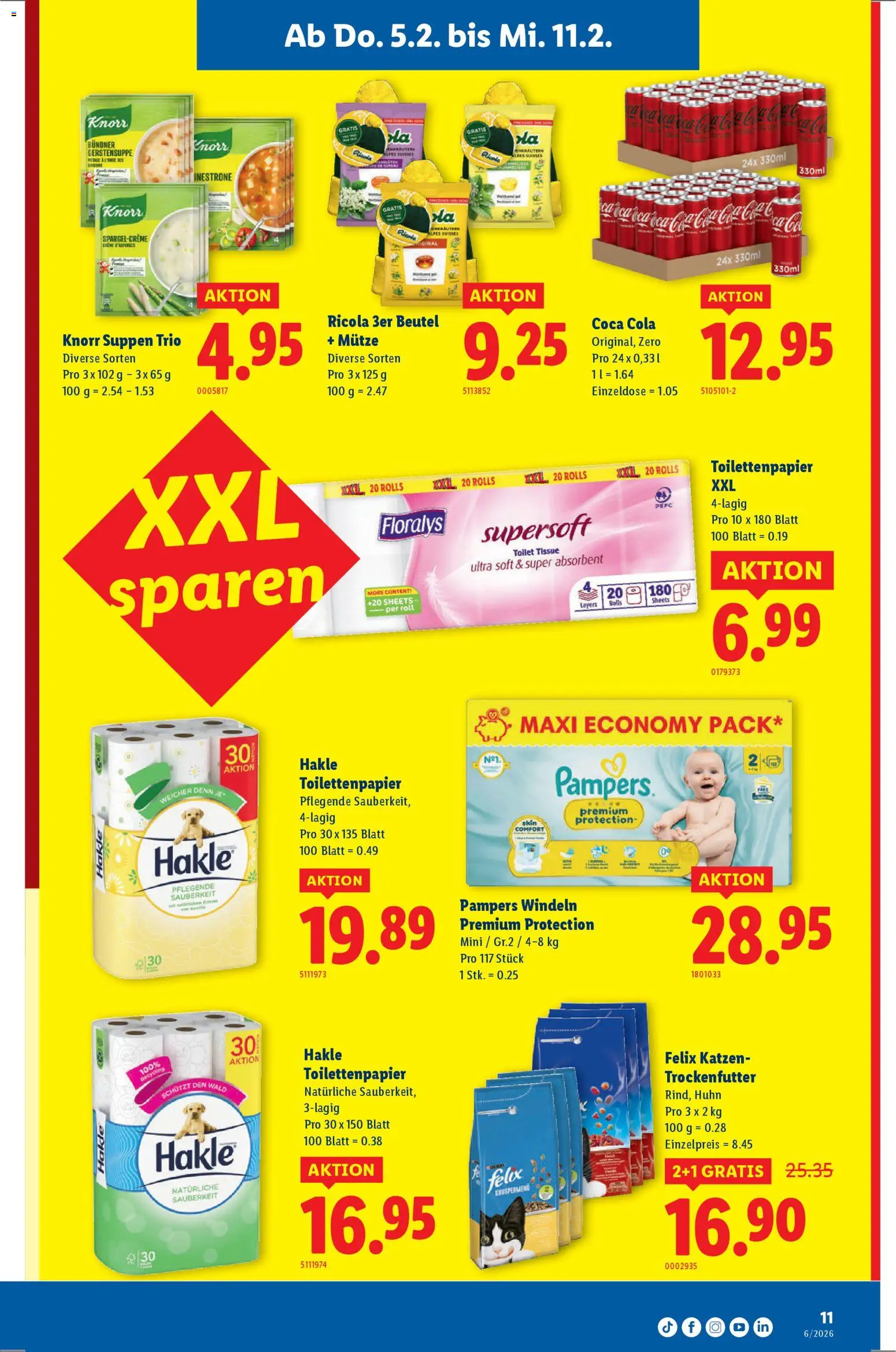 Lidl Aktionen – gültig ab 05.02.2026 | Seite: 11 | Produkte: Coca Cola, Strunová sekačka, Pampers, Toilettenpapier