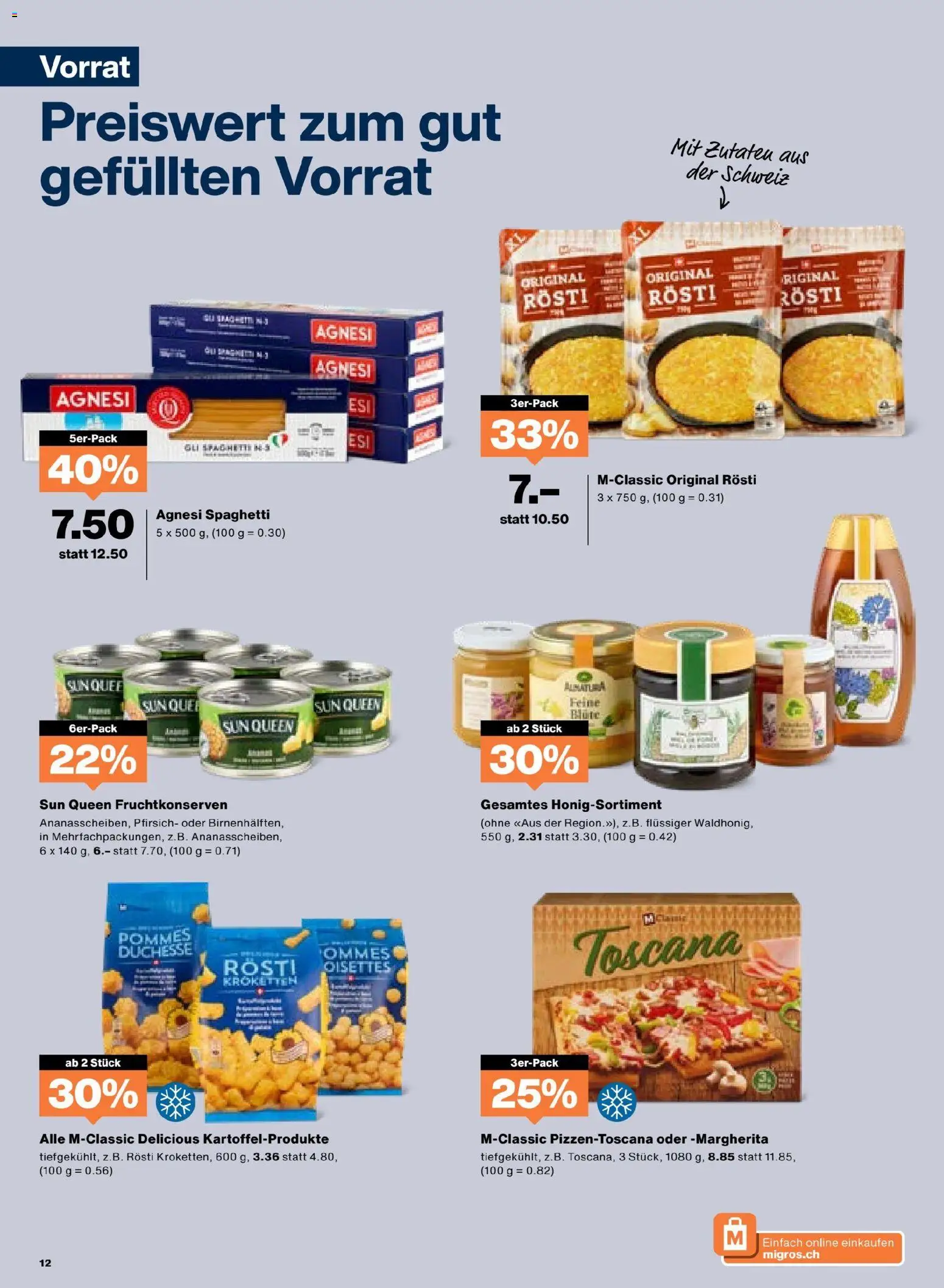 Migros Aktionen – gültig ab 28.10.2025 | Seite: 12 | Produkte: Pizza, Pasta, Pfirsich