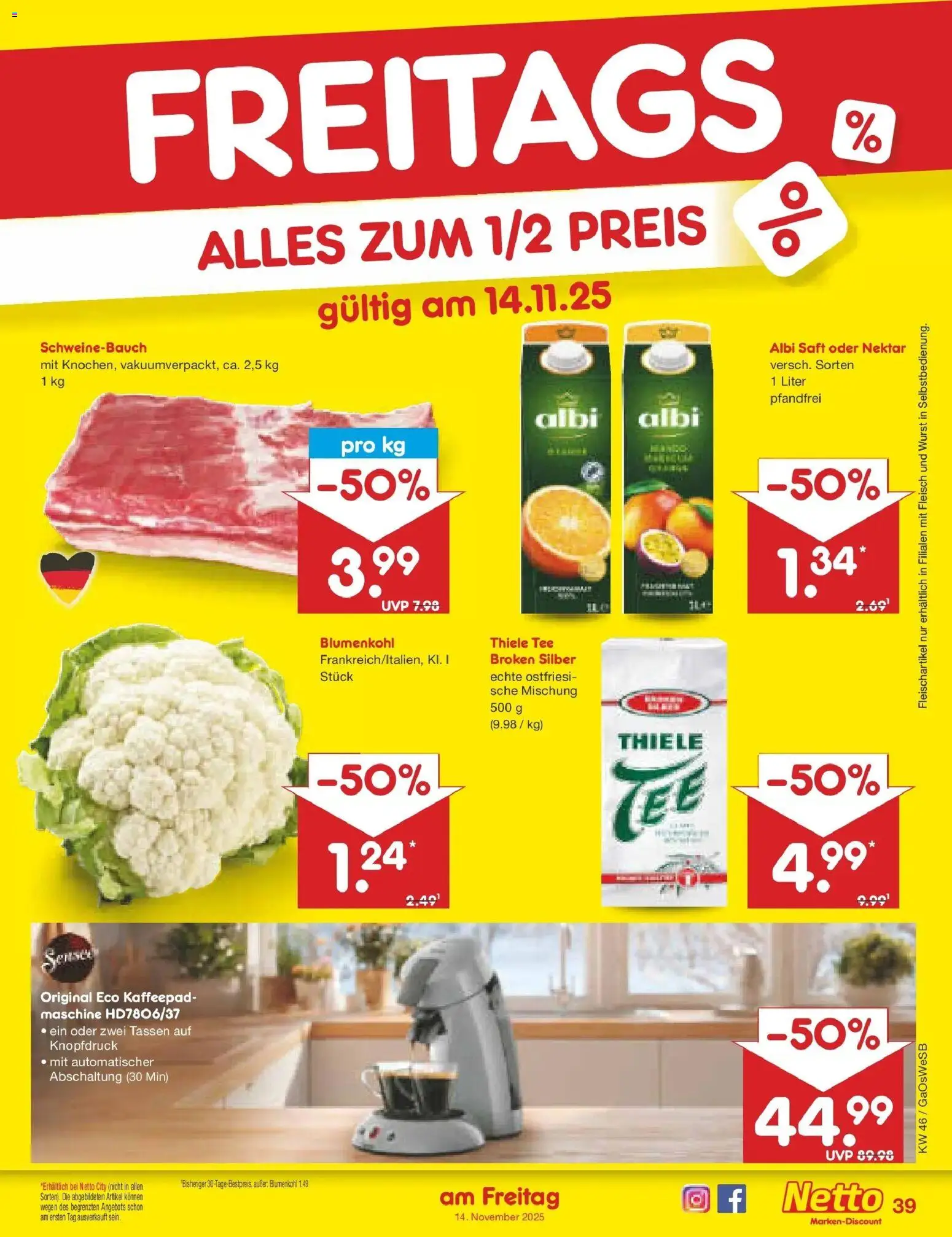 Netto Marken-Discount - Netto: Wochenangebote – gültig ab 10.11.2025 | Seite: 47 | Produkte: Schweinebauch, Wurst, Blumenkohl, Tee