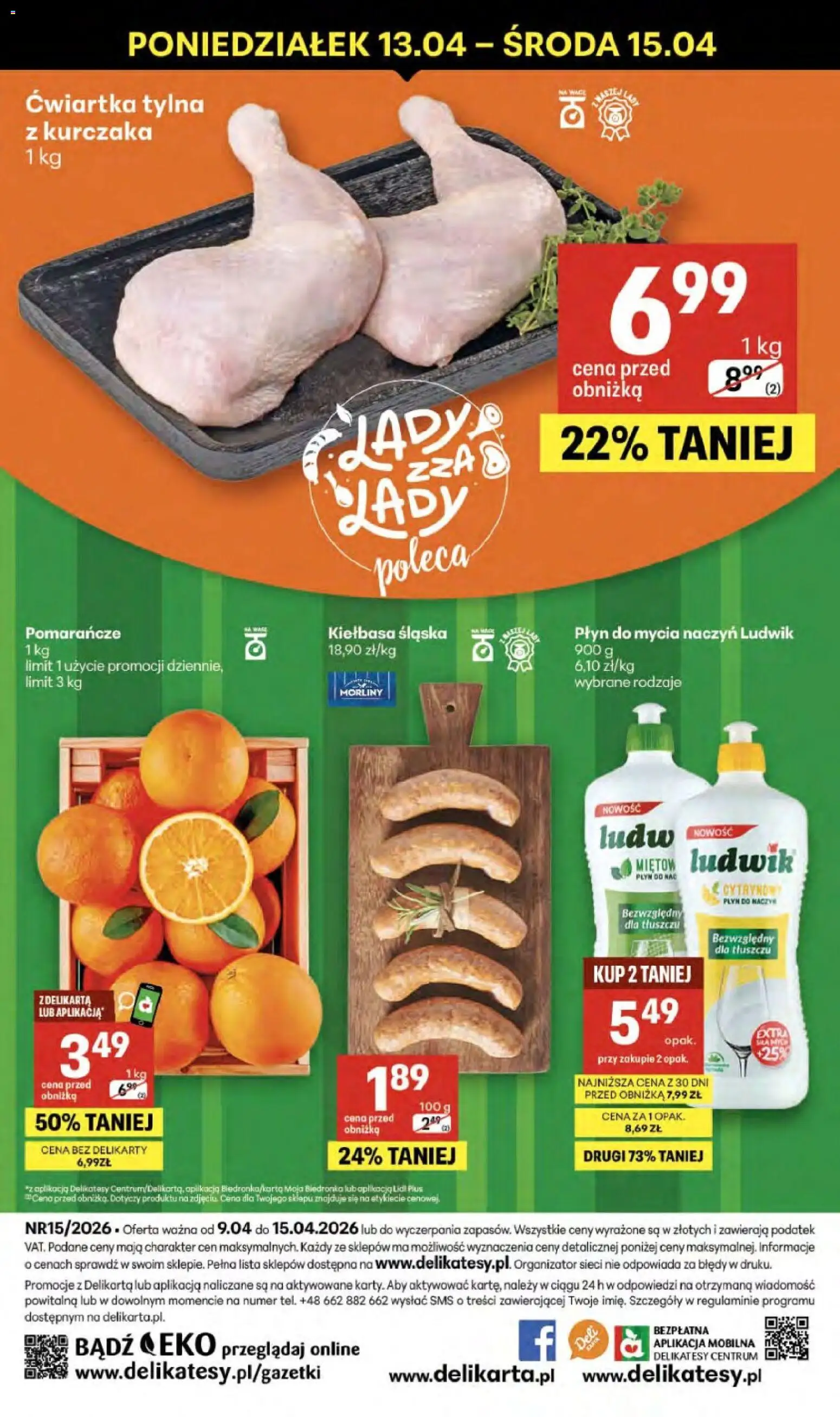 Delikatesy Centrum gazetka od 09.04.2026 | Strona: 40 | Produkty: Kiełbasa, Kiełbasa śląska, Pomarańcze, Płyn do mycia naczyń