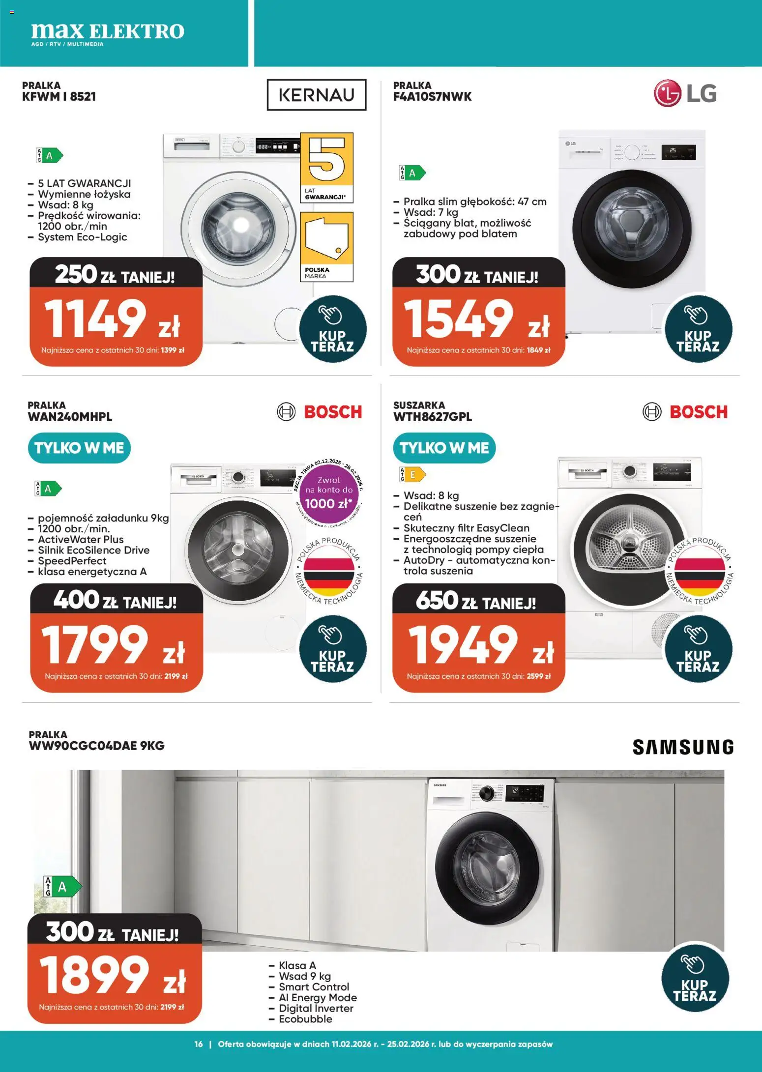 Max elektro Gazetka od 11.02.2026 | Strona: 16 | Produkty: Pralka, Suszarka