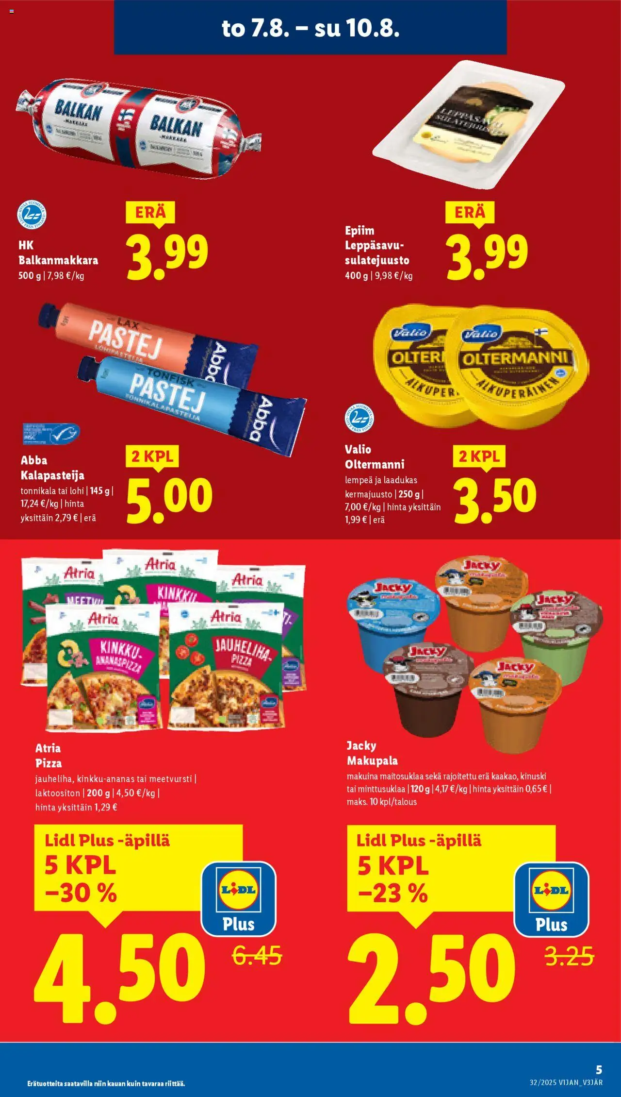 | Sivu: 7 | Tuotteet: Kermajuusto, Kinkku, Pizza, Tonnikala