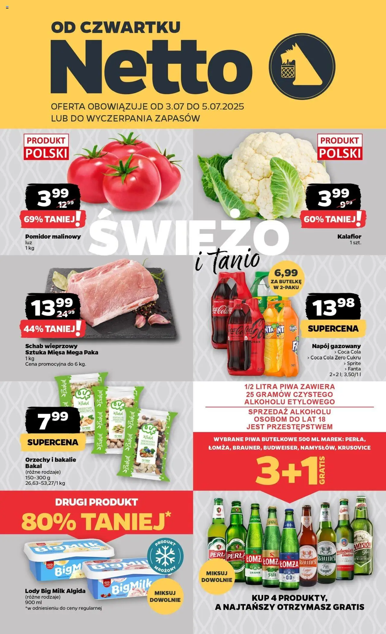 Netto gazetka - Spożywcza od 03.07.2025 | Strona: 1 | Produkty: Schab, Sprite, Big Milk, Piwo