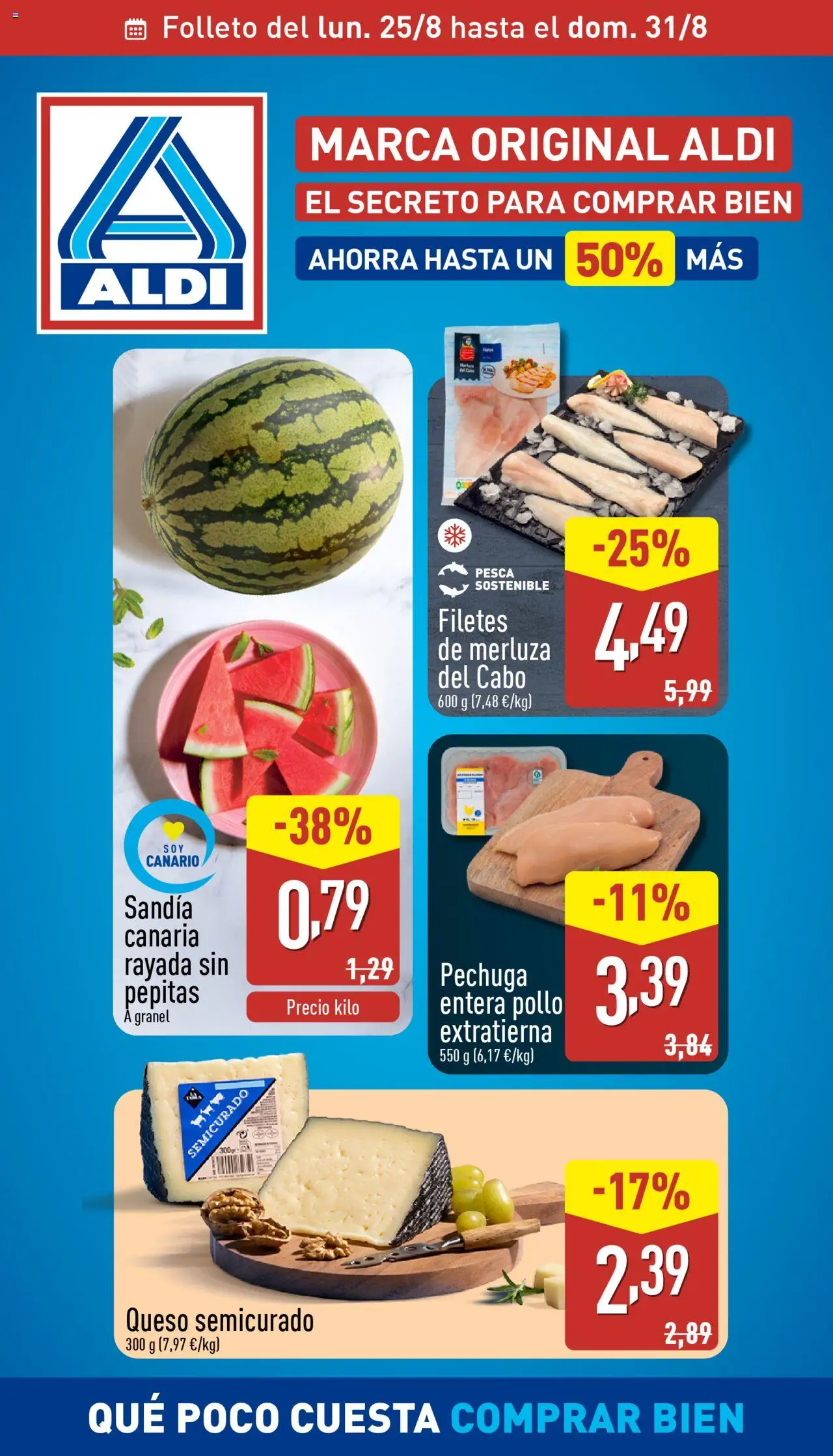 Aldi folleto Canarias │ válido desde el 25.08.2025 | Página: 1 | Productos: Queso, Filetes de merluza, Sandía