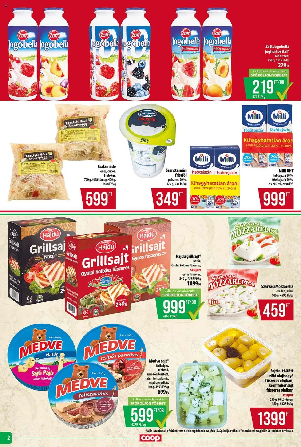 COOP akciós ujság - amely érvényes a következő dátumtól: 14.08.2025 | Oldal: 2 | Termékek: Mozzarella, Habtejszín, Kolbász, Gyulai kolbász