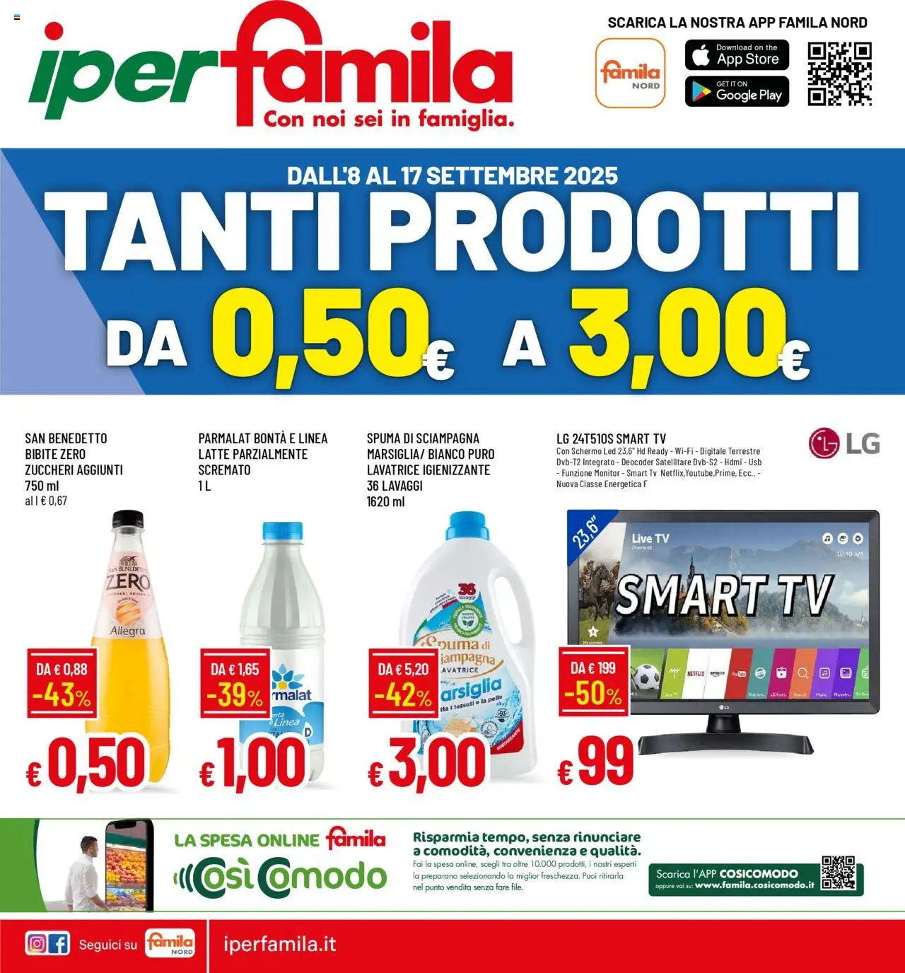 Volantino Famila del 08.09.2025 | Pagina: 1 | Prodotti: Schermo, smart TV, Latte, Bibite