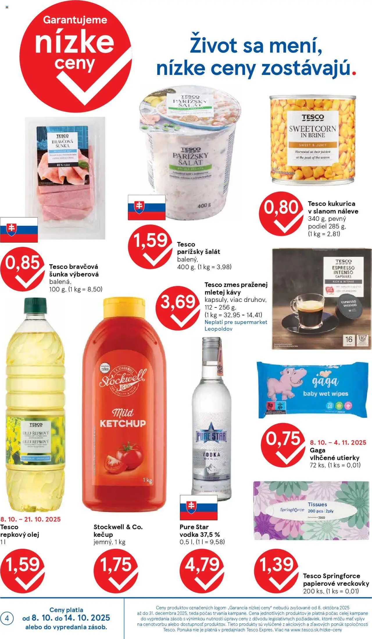 Nové Tesco akcie – leták je platný od 08.10.2025 | Strana: 4 | Produkty: Olej, Repkový olej, Kečup, Šalát