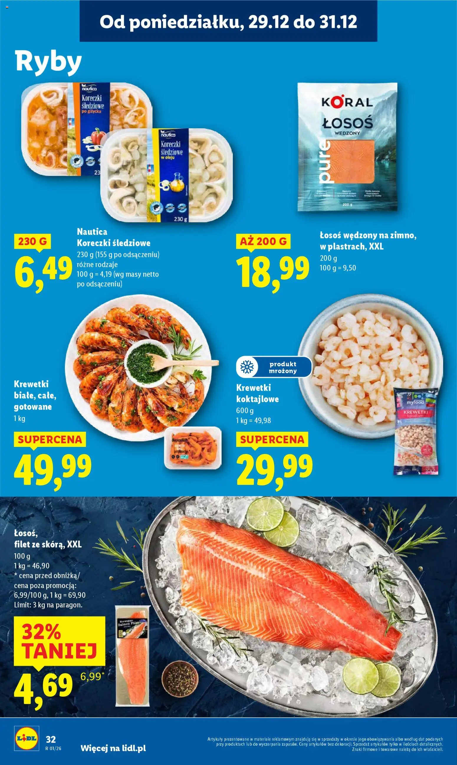 Lidl Gazetka od 29.12.2025 | Strona: 32 | Produkty: Łosoś wędzony, Krewetki, Krewetki koktajlowe, Ryby