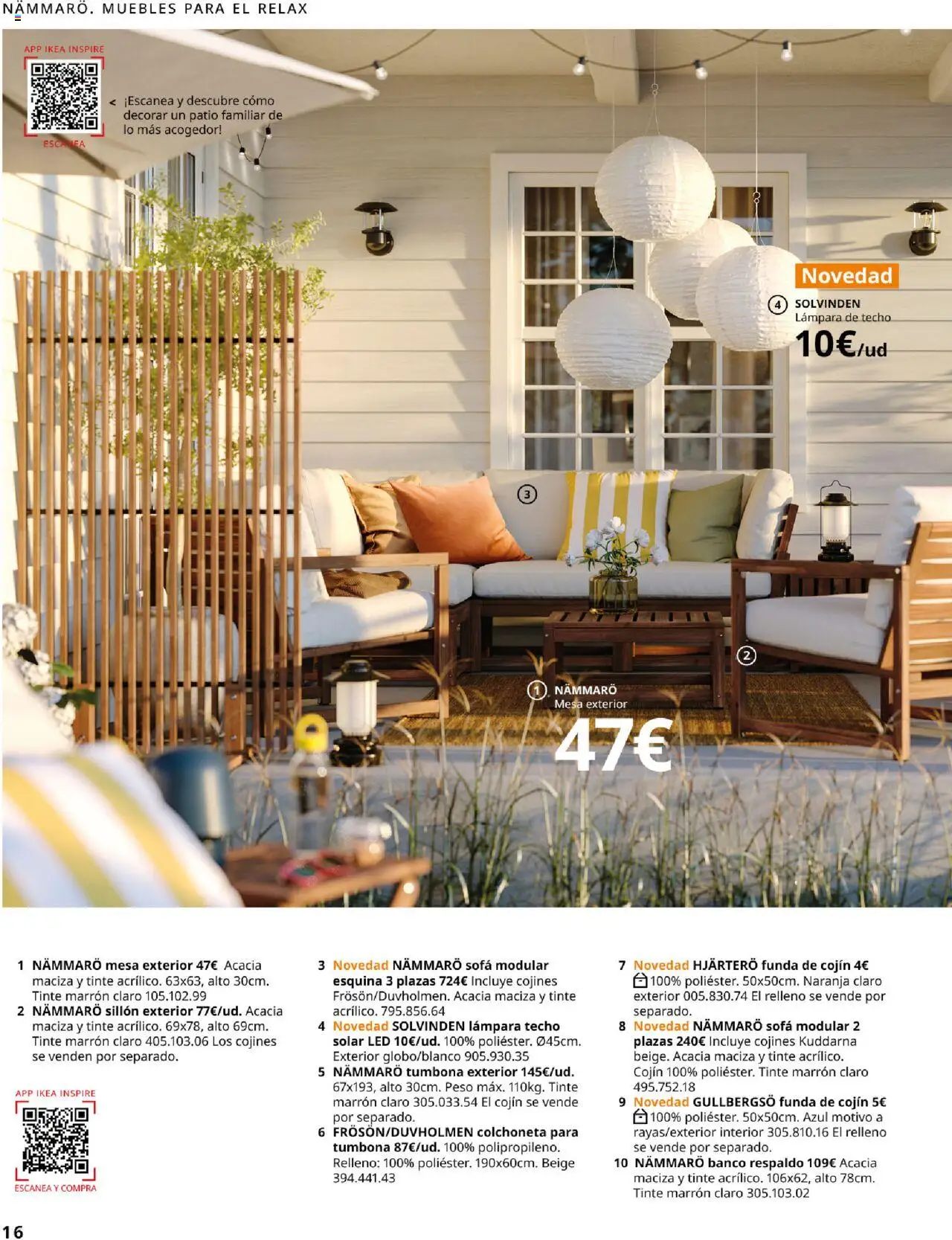 Catálogo IKEA Muebles de exterior │ válido desde el 04.02.2025 | Página: 16 | Productos: Lámpara de techo, Tumbona, Funda de cojín, Sofá