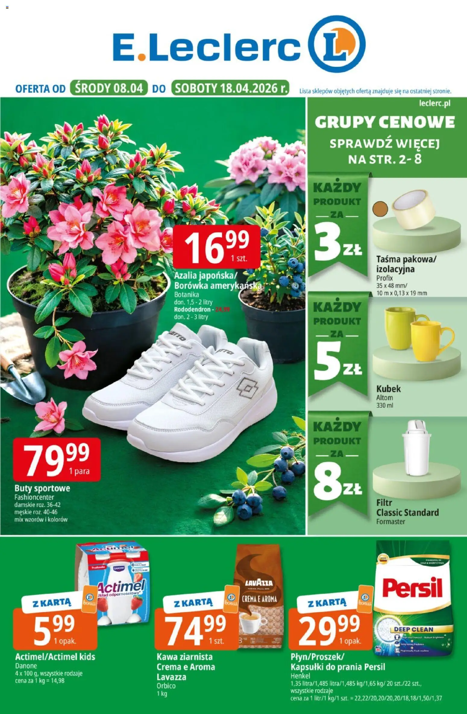 E.Leclerc gazetka od 08.04.2026 | Strona: 1 | Produkty: Buty sportowe, Karta, Persil, Lavazza