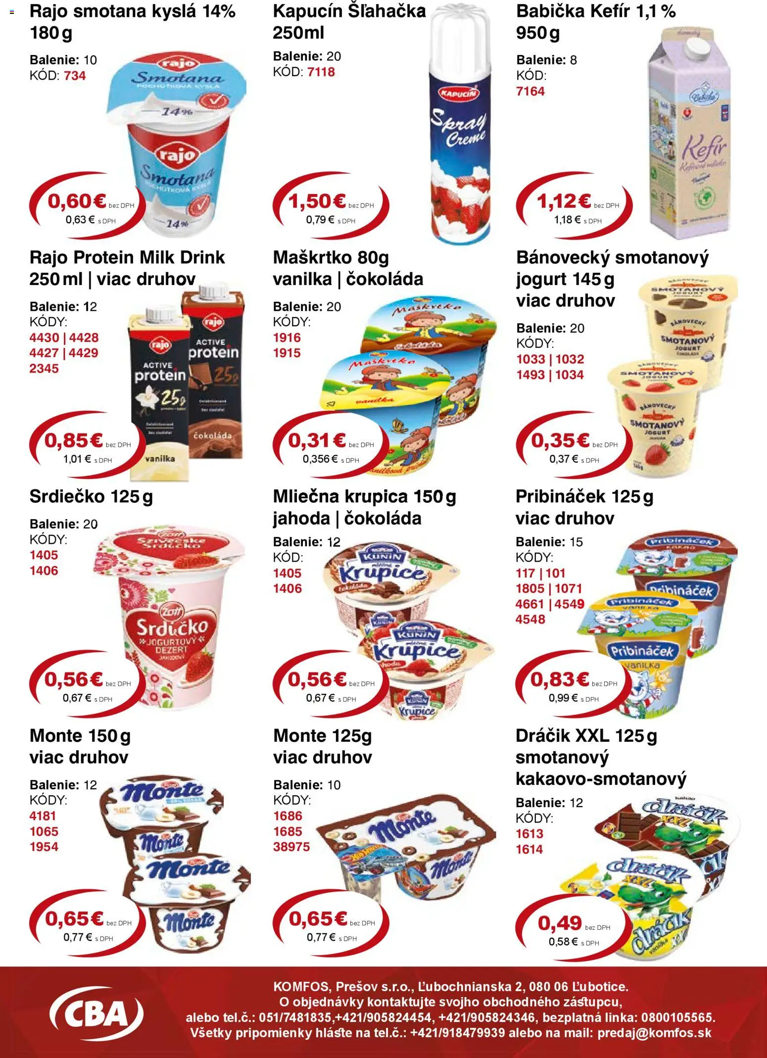Nové CBA Komfos akcie – leták je platný od 23.10.2025 | Strana: 2 | Produkty: Jogurt, Smotana, Šľahačka, Krupica
