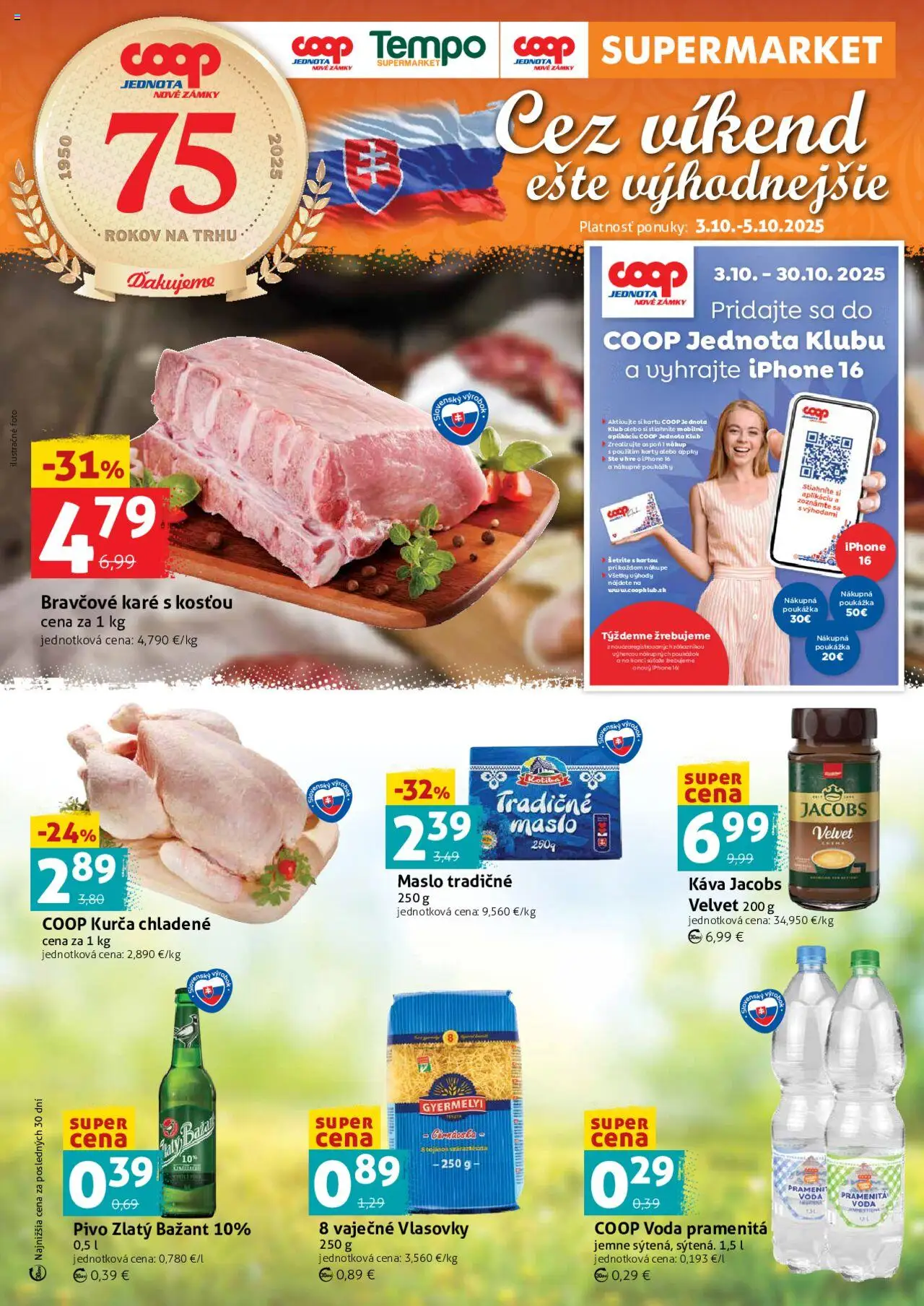 Nové COOP Jednota akcie – leták je platný od 03.10.2025 | Strana: 1 | Produkty: Maslo, Zlatý Bažant, Iphone, Voda