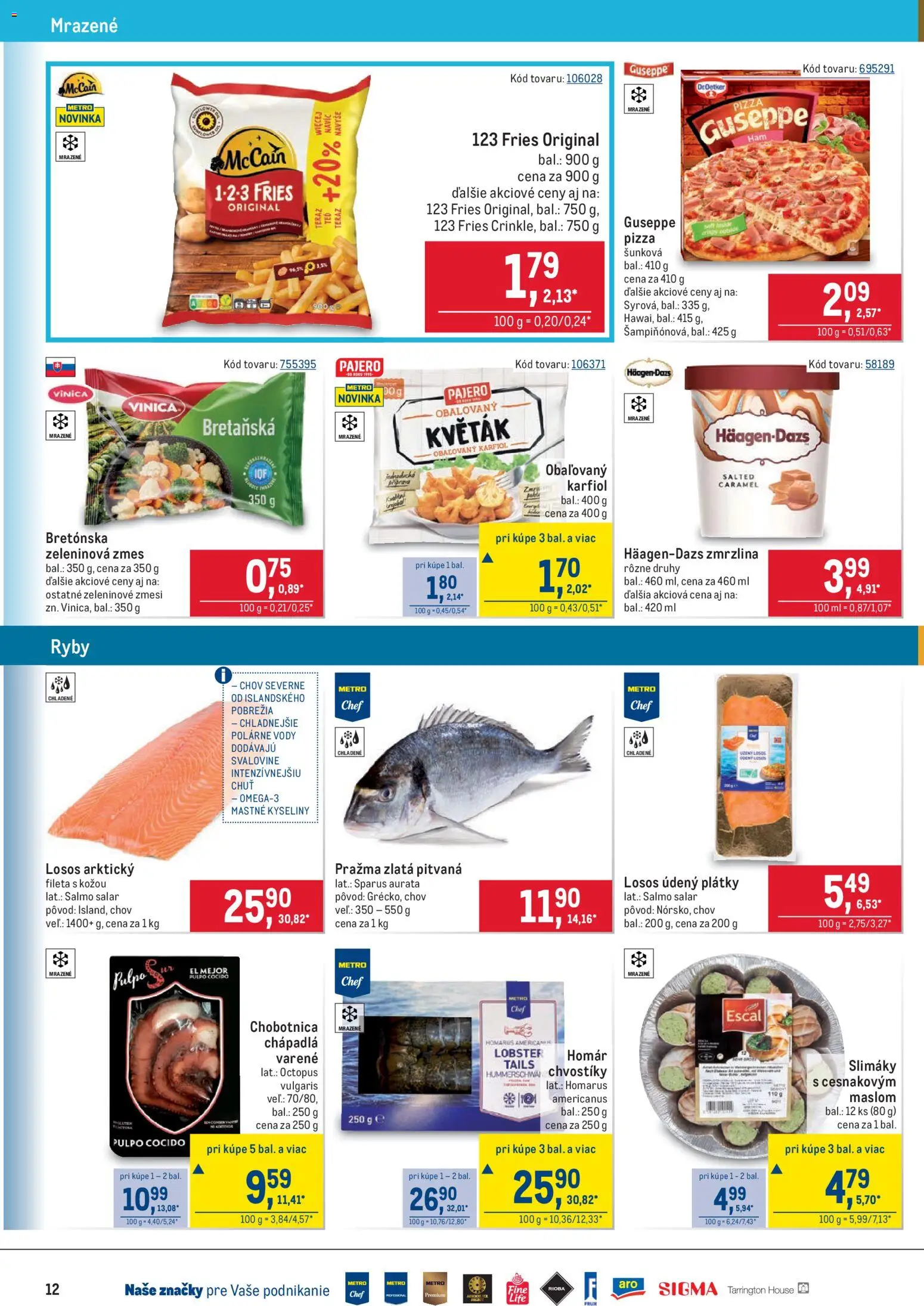 Nové Metro akcie – leták je platný od 11.03.2026 | Strana: 12 | Produkty: Pizza, Slimáky, Zmrzlina, Losos