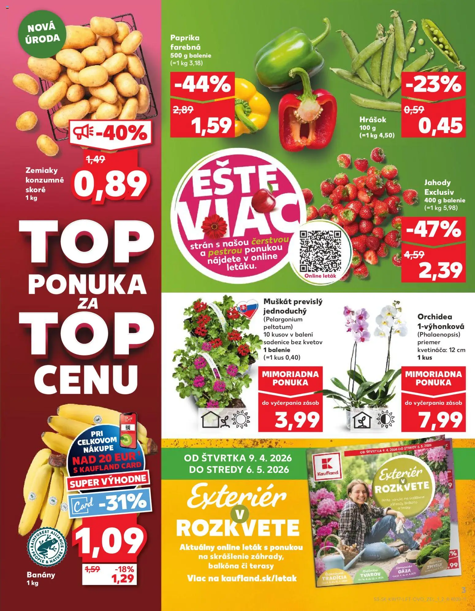 Nové Kaufland akcie – leták je platný od 23.04.2026 | Strana: 3 | Produkty: Paprika, Hrášok, Zemiaky, Orchidea
