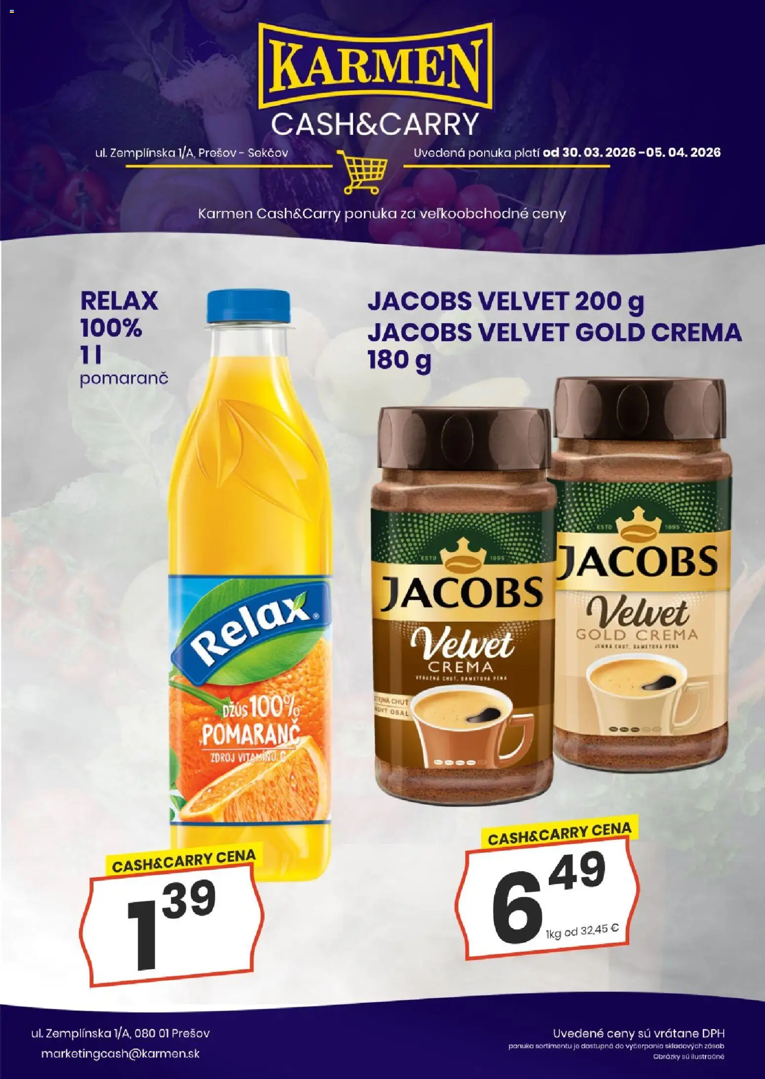 Nové KARMEN CBA akcie – leták je platný od 30.03.2026 | Strana: 5 | Produkty: Jacobs Velvet, Džús