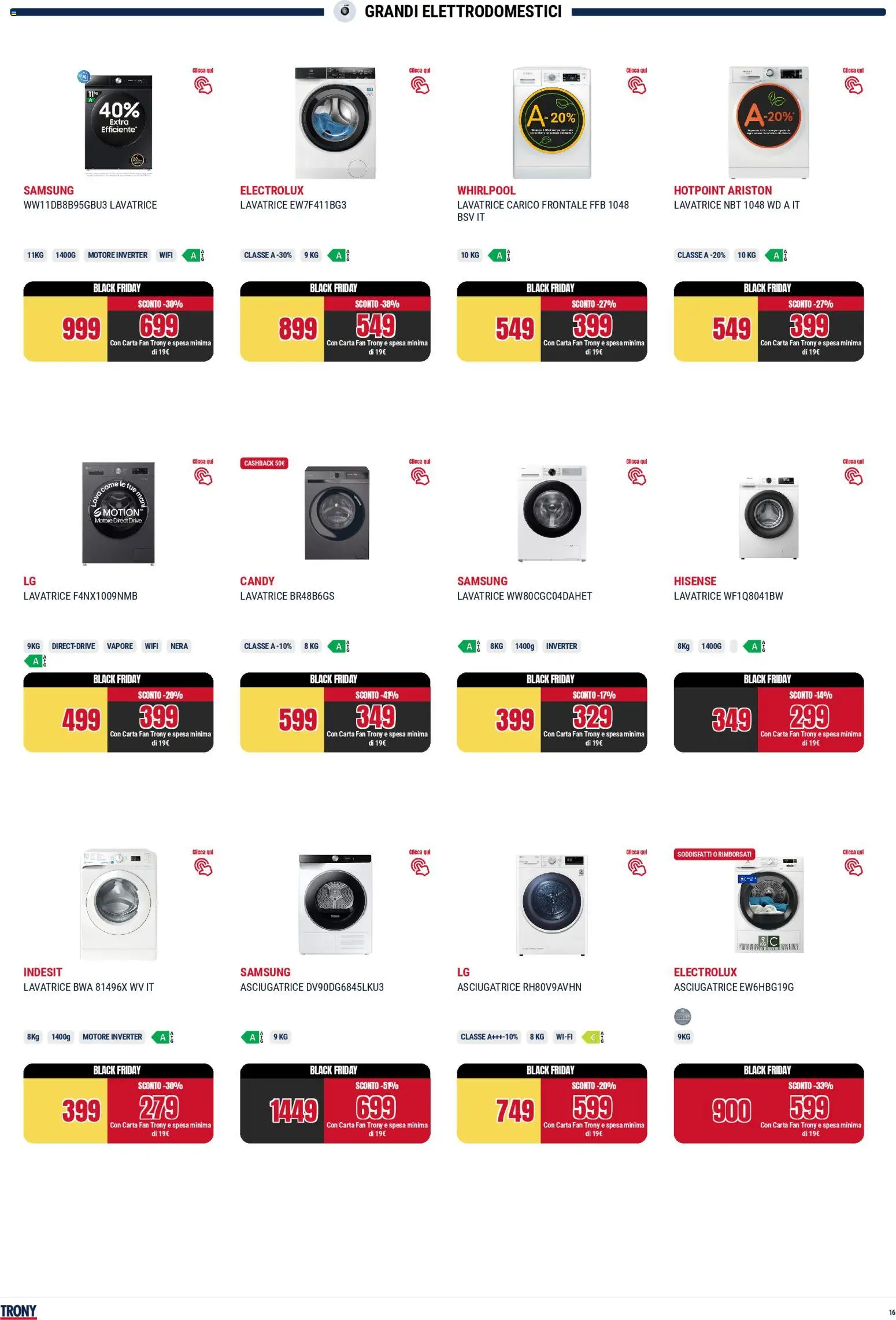 Volantino Trony del 25.11.2025 | Pagina: 16 | Prodotti: Lavatrice, Asciugatrice, Fan, Samsung
