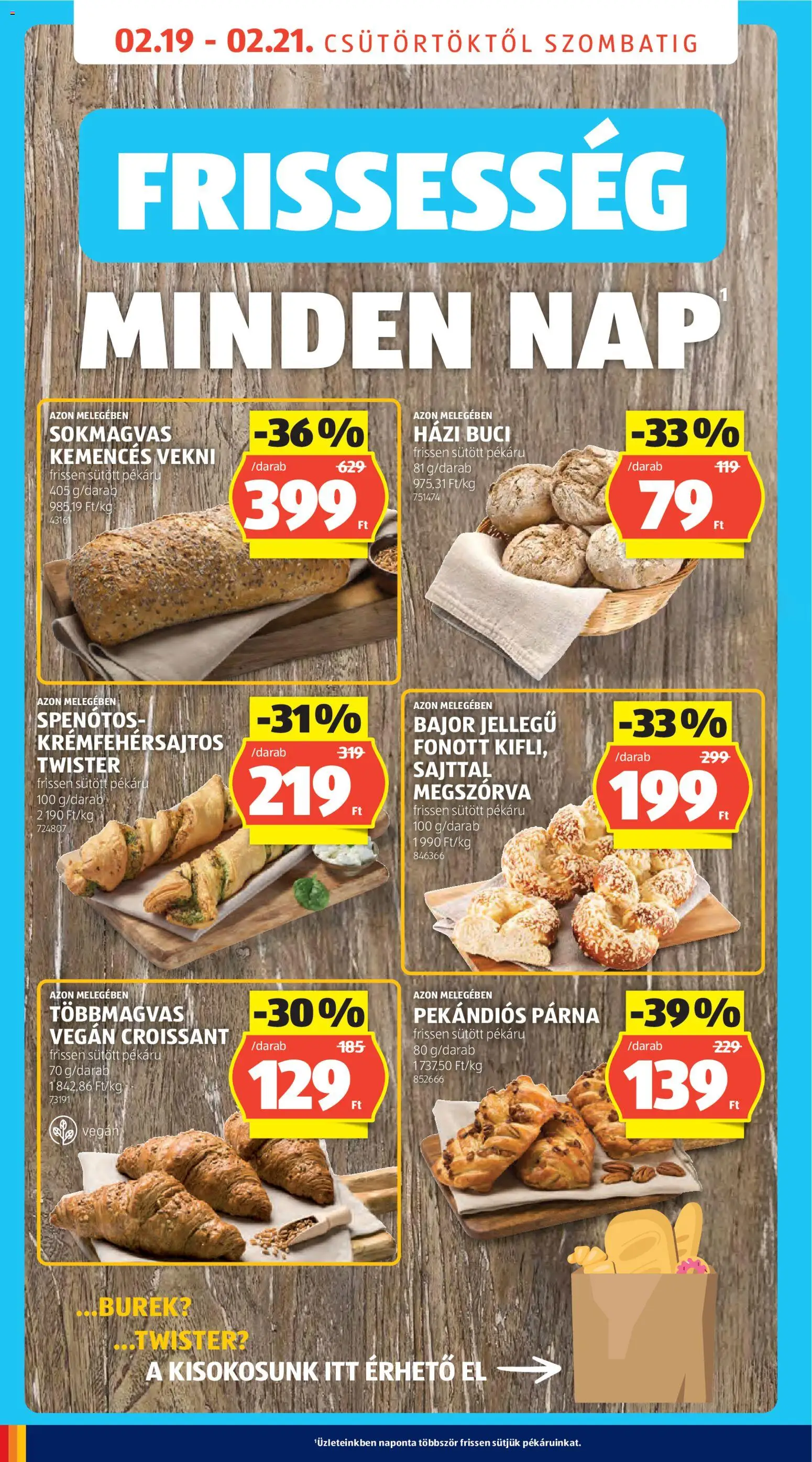 Aldi akciós ujság - amely érvényes a következő dátumtól: 19.02.2026 | Oldal: 4 | Termékek: Burek, Croissant, Párna, Vegán