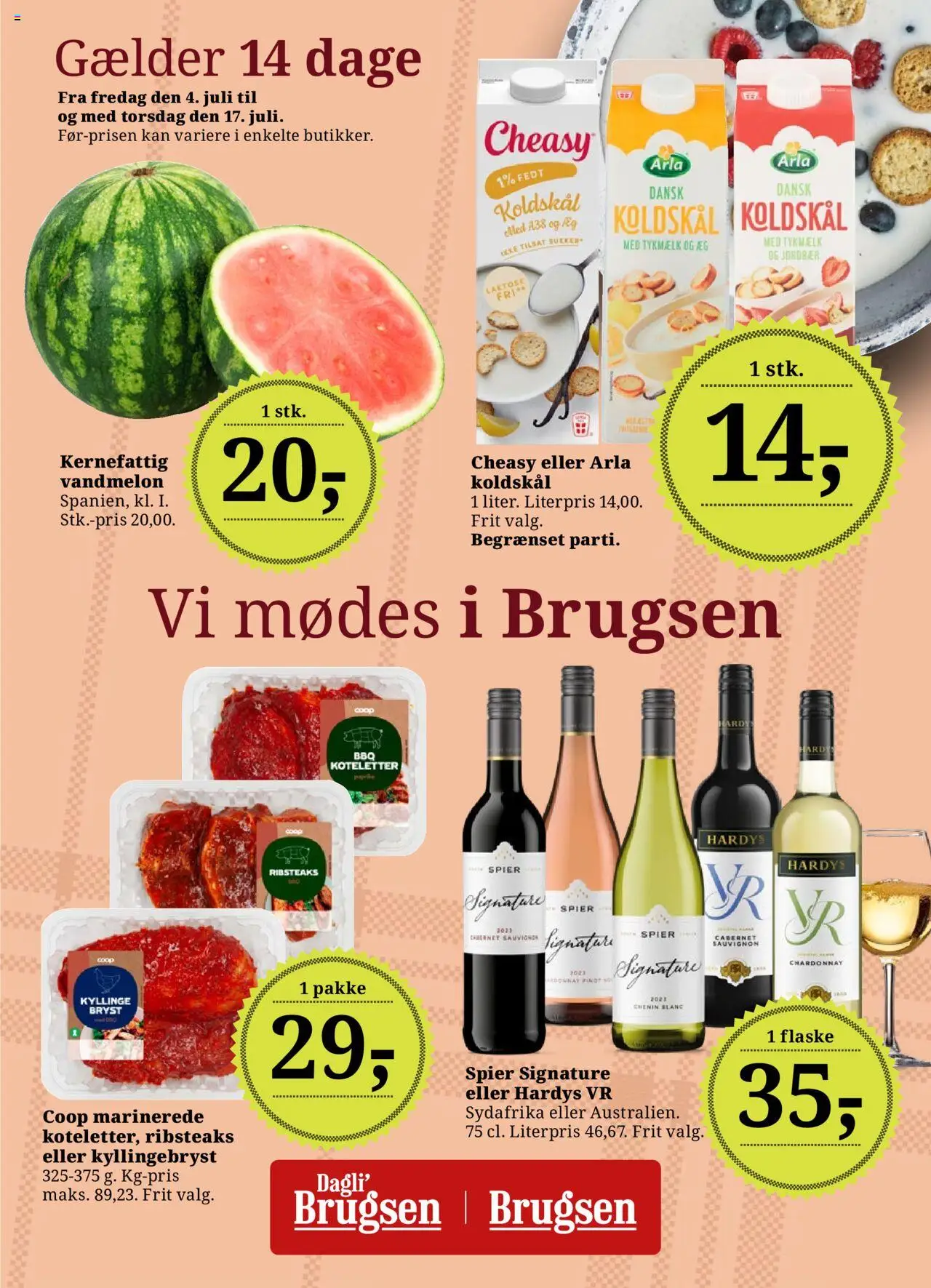 Dagli'Brugsen Tilbudsavis gyldig fra 04.07.2025 | Side: 1 | Produkter: Koteletter, Jordbær, Koldskål, Vandmelon