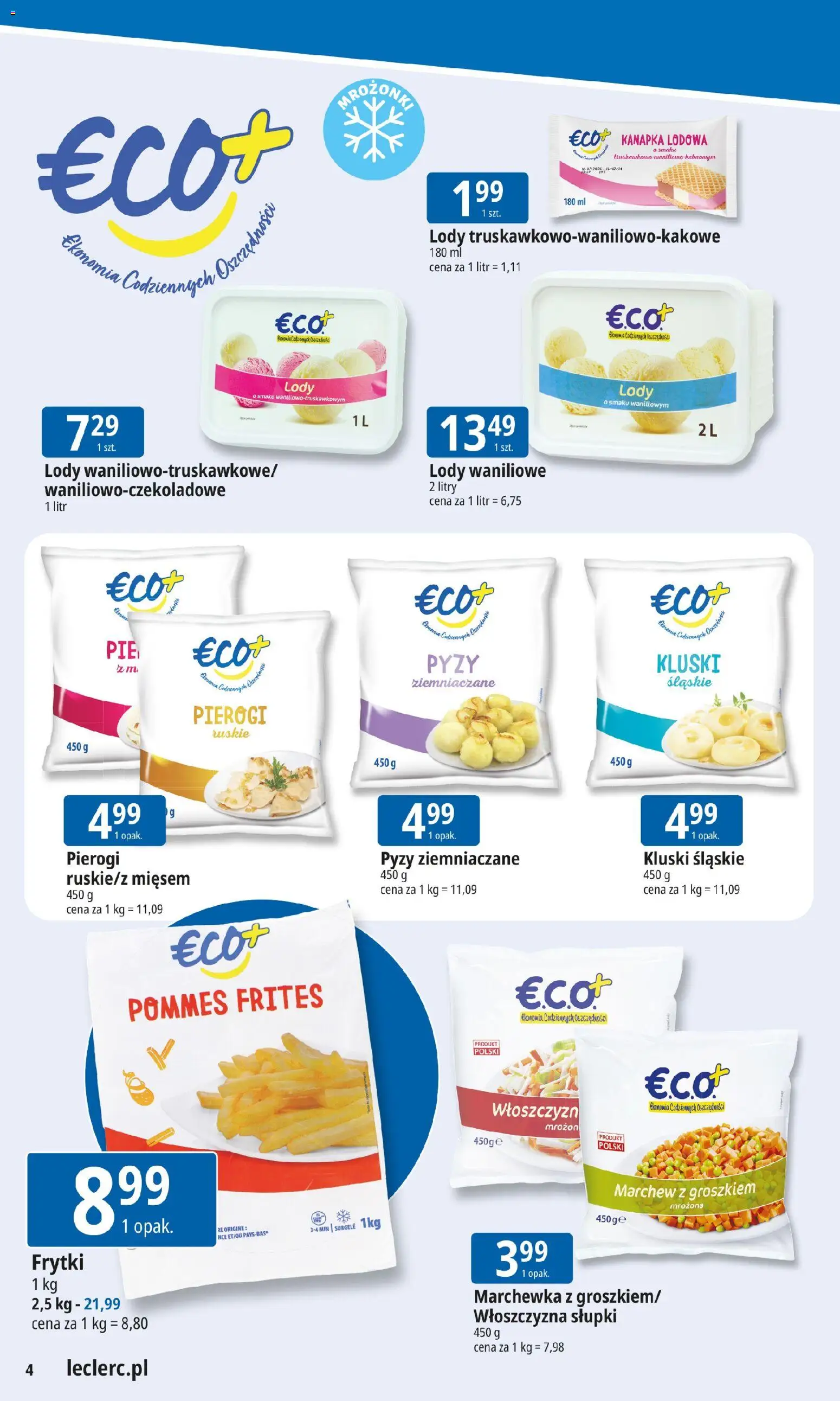 E.Leclerc Gazetka - Tychy od 19.01.2026 | Strona: 4 | Produkty: Kluski śląskie, Lody waniliowe, Frytki, Lody