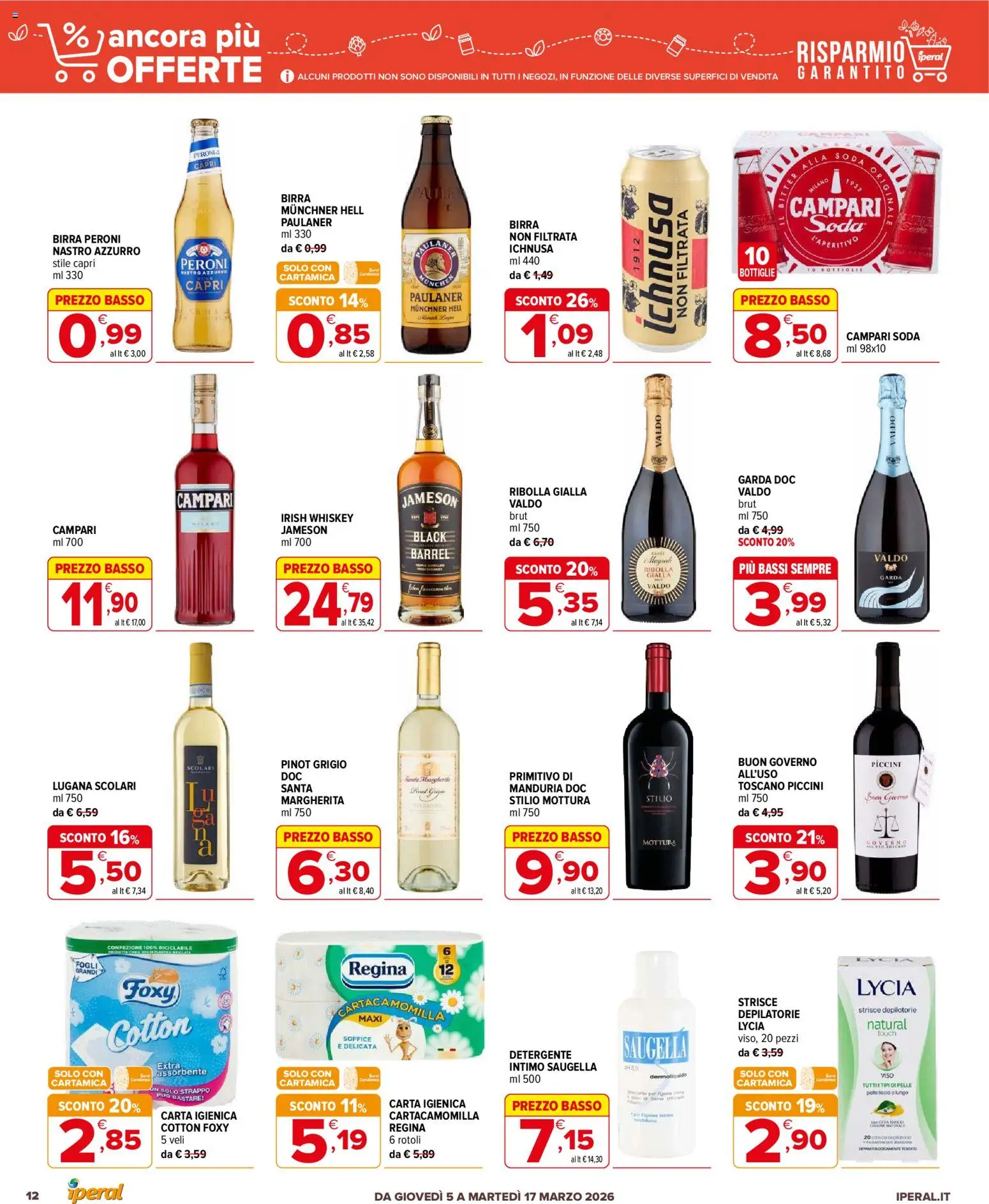 Volantino Iperal del 05.03.2026 | Pagina: 12 | Prodotti: Carta igienica, Birra, Detergente, Intimo