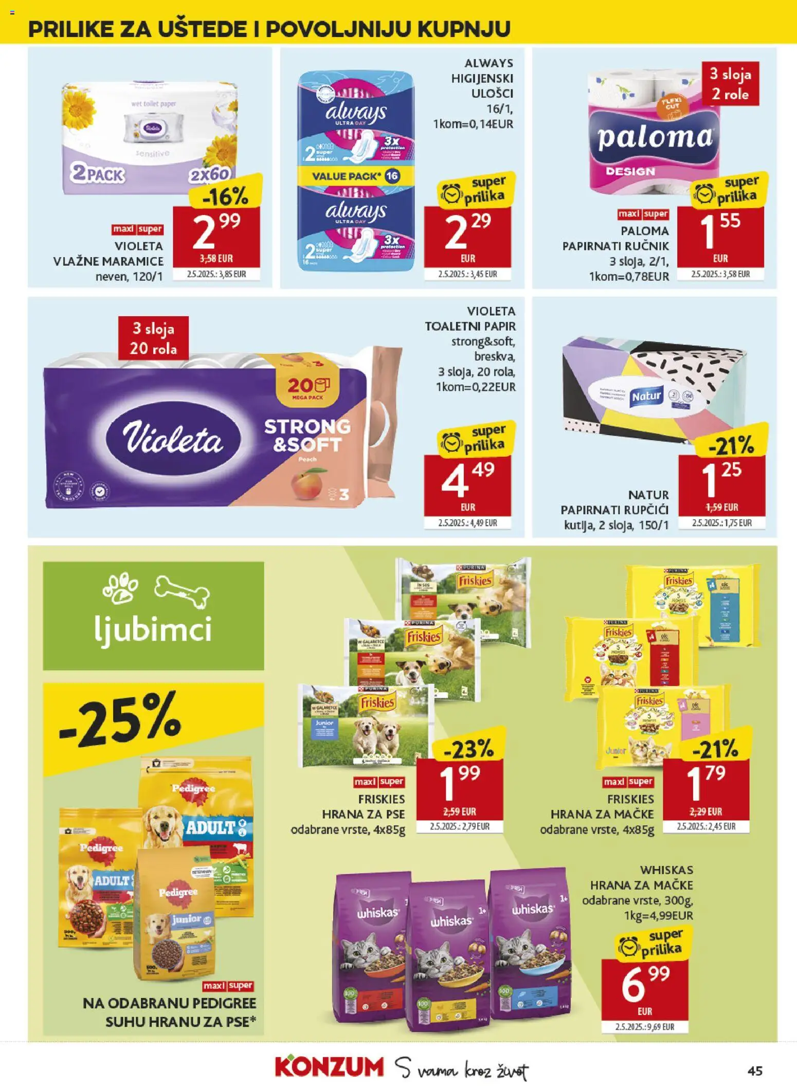 Konzum katalog | vrijedi od 18.03.2026 | Stranica: 45 | Proizvodi: Ručnik, Hrana za mačke, Suha hrana za pse, Violeta