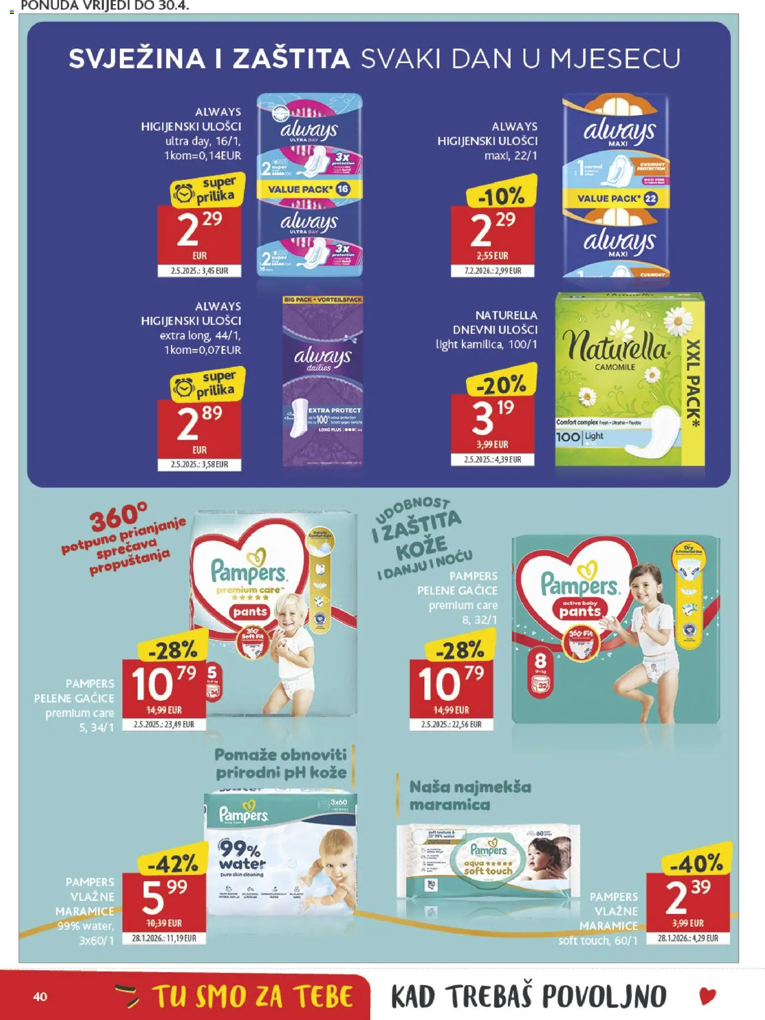 Konzum katalog | vrijedi od 08.04.2026 | Stranica: 40 | Proizvodi: Pelene, Dnevni ulošci, Vlažne maramice, Gaćice