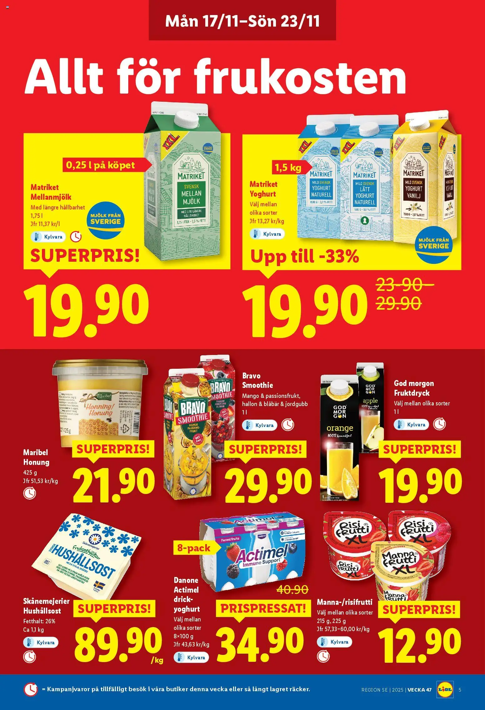 Lidl reklamblad aktuell från 17.11.2025 | Sida: 5 | Produkter: Hushållsost, Mjölk, Äpple, Mango
