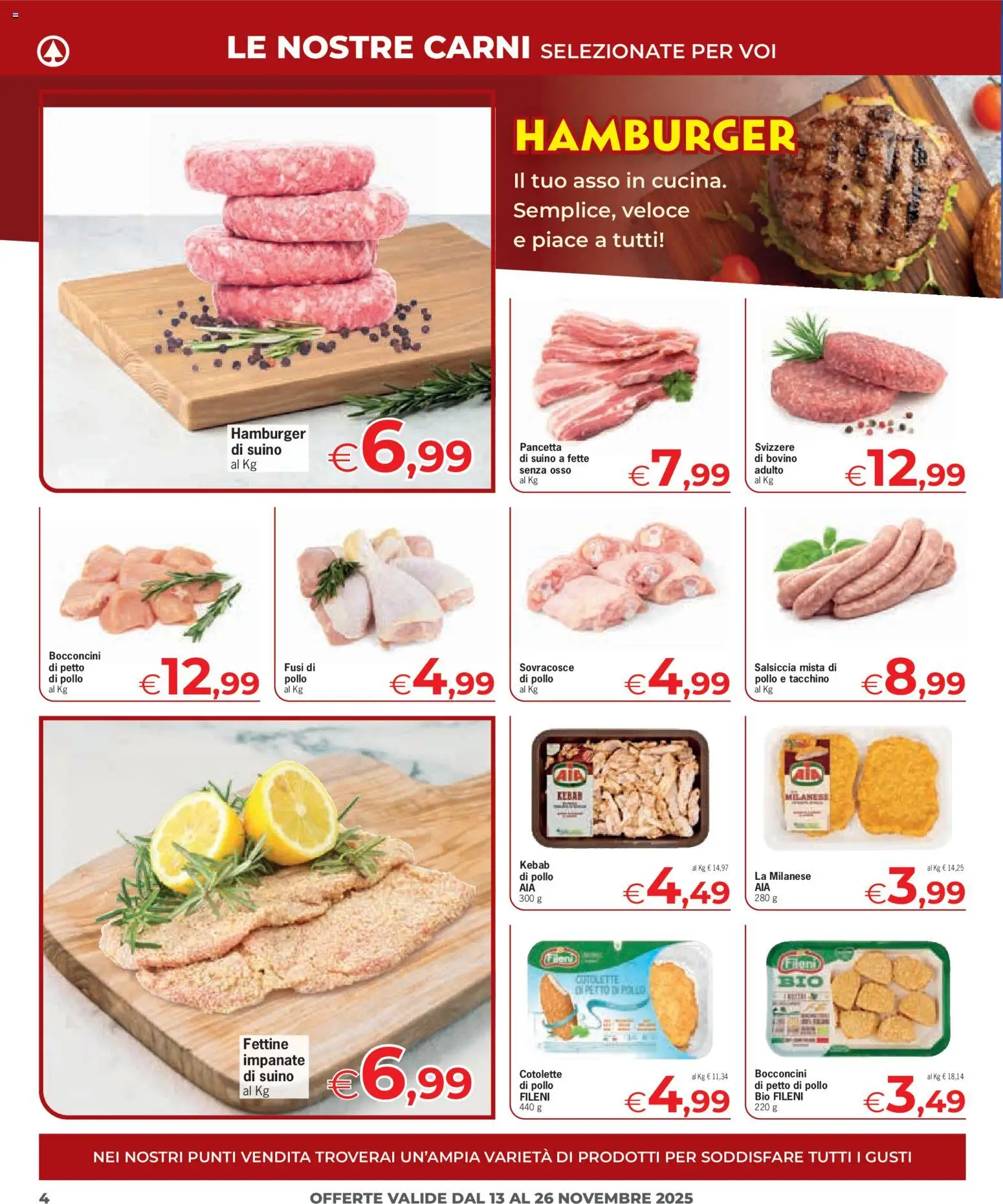 Volantino Eurospar del 13.11.2025 | Pagina: 4 | Prodotti: Pollo, Pancetta, Salsiccia, Hamburger
