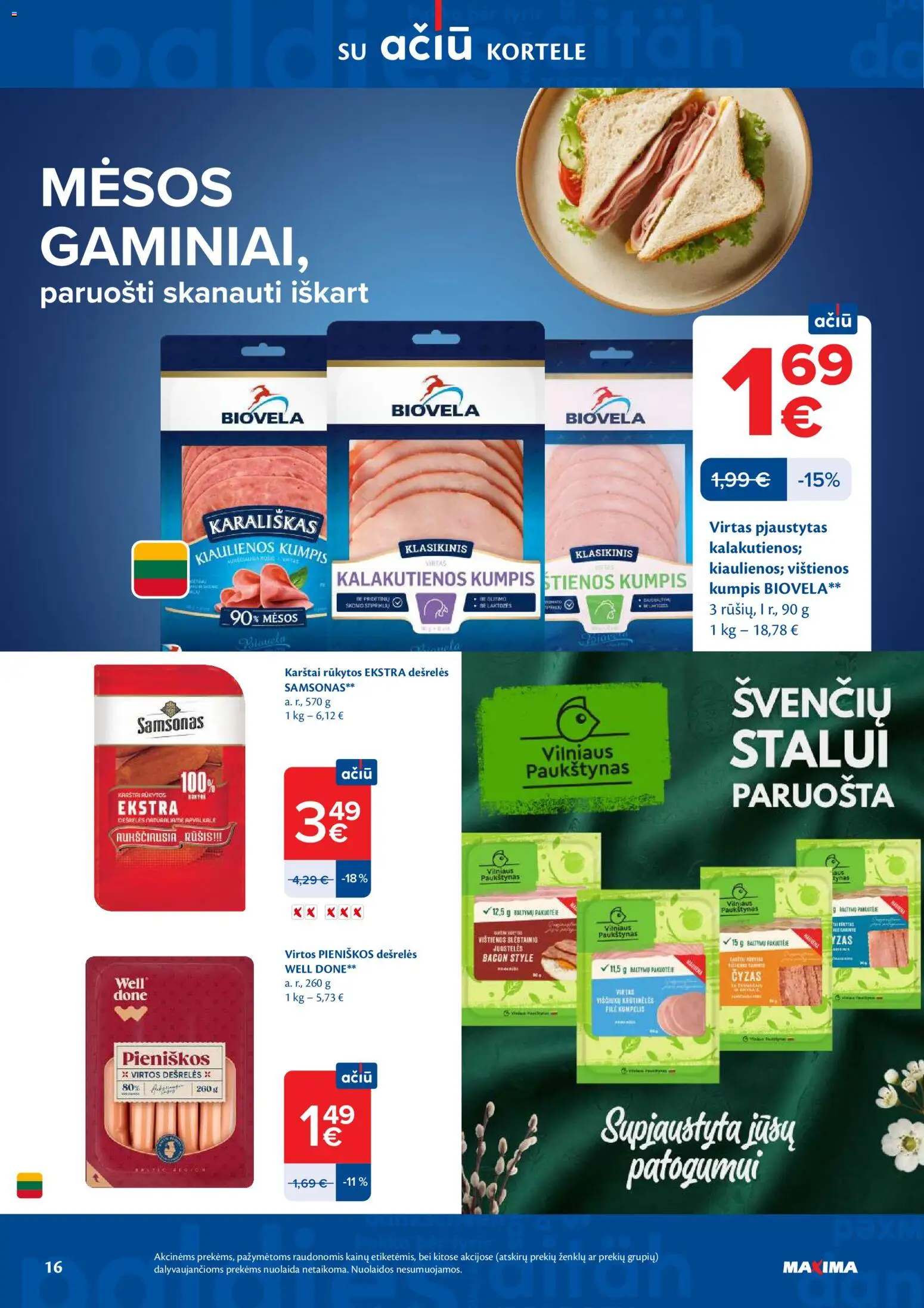 MAXIMA akcijos nuo 31.03.2026 | Puslapis: 16 | Prekių: Kiaulienos, Dešrelės, Viščiukų, Kumpis