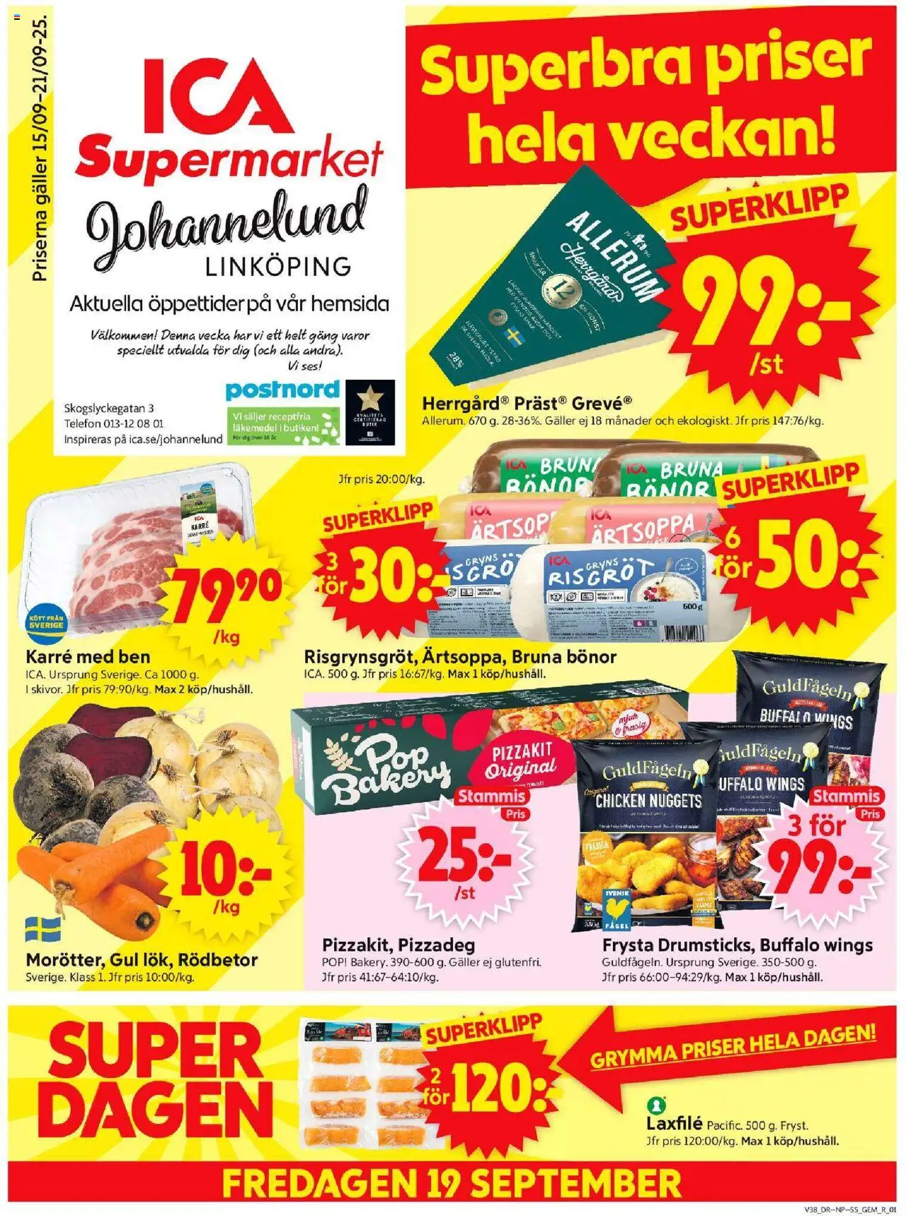 ICA Supermarket reklamblad aktuell från 15.09.2025 | Sida: 1 | Produkter: Galler, Pizzakit, Telefon, Bönor