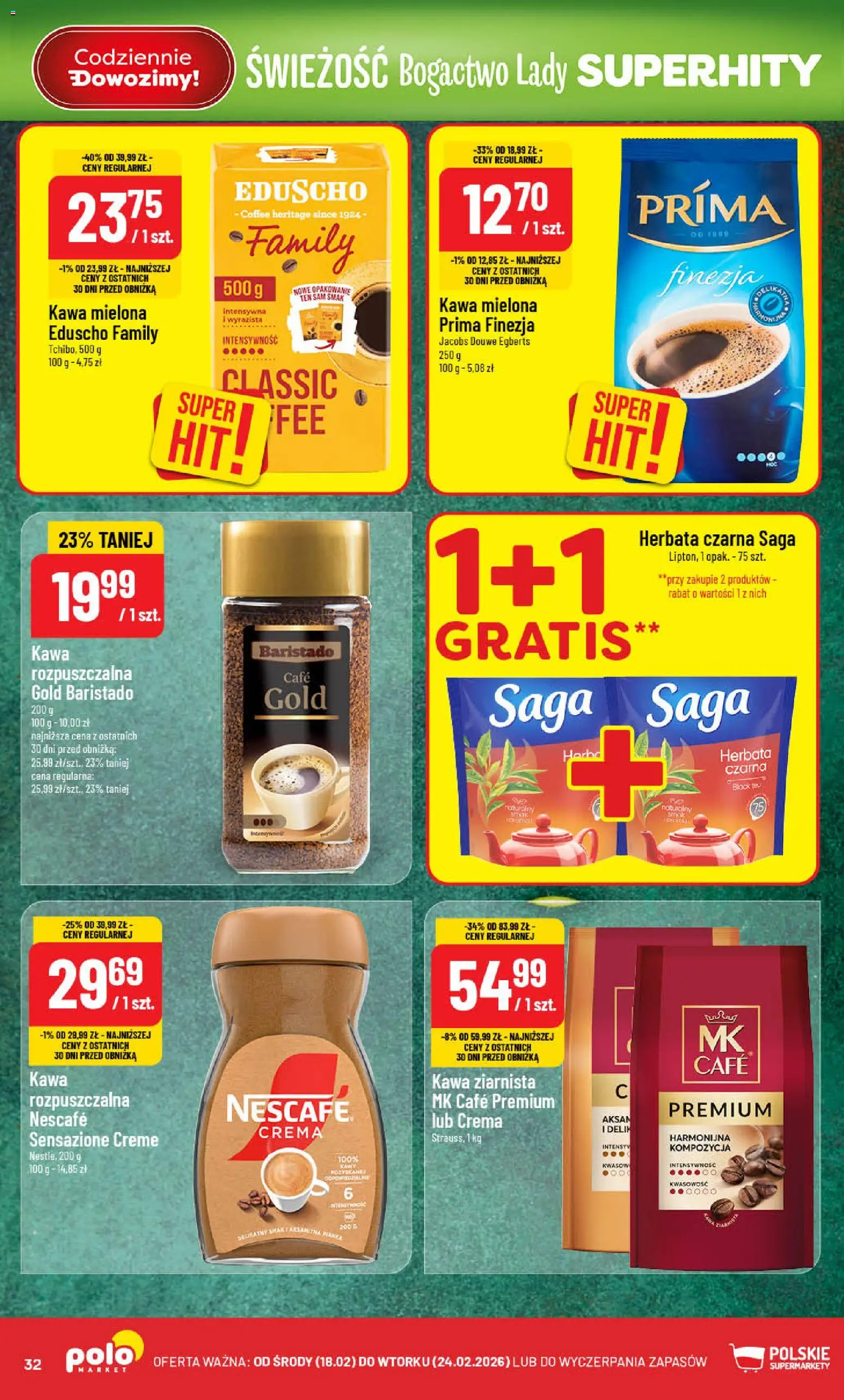 POLOmarket Gazetka od 18.02.2026 | Strona: 32 | Produkty: Nescafe, Kawa ziarnista, Kawa, Herbata