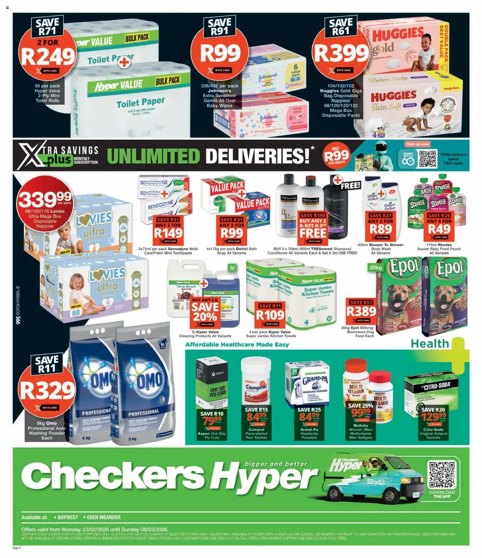 New Checkers catalogue – valid from 23.02.2026 | Page: 4 | Products: Pants, Toilet, Washing powder, Toilet paper