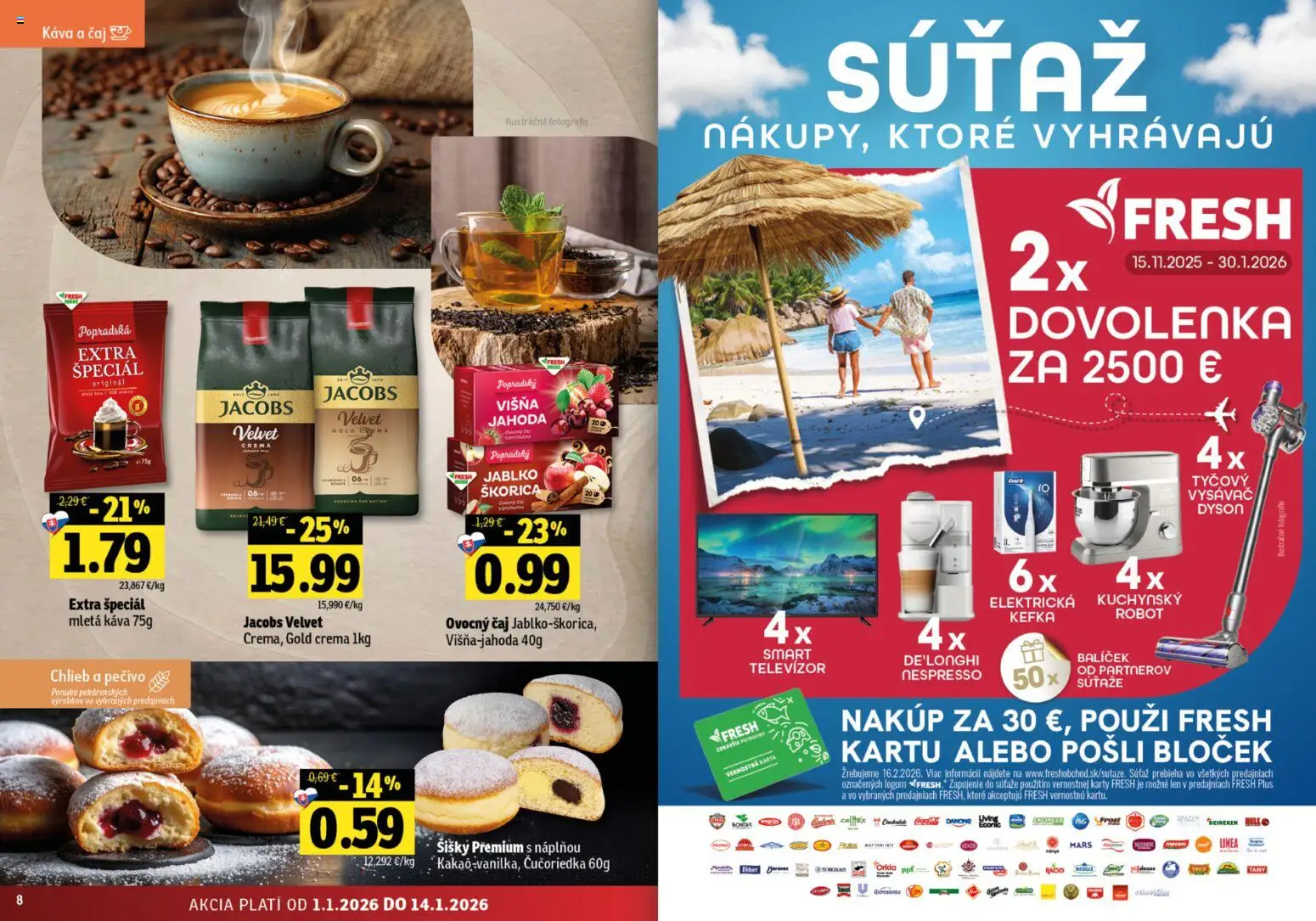 Nové Fresh akcie – leták je platný od 01.01.2026 | Strana: 5 | Produkty: Vysávač, Jacobs Velvet, Šišky