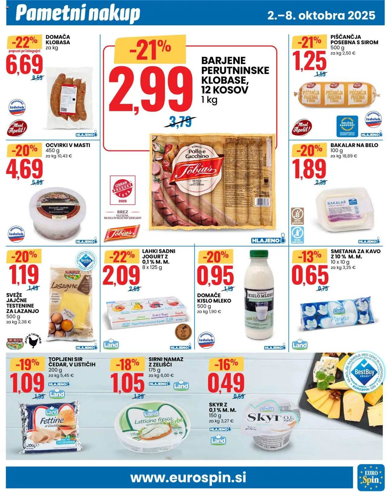 Novi Eurospin katalog ponudbe – veljaven od 02.10.2025 | Stran: 7 | Izdelki: Sirni namaz, Jogurt, Cheddar, Testenine