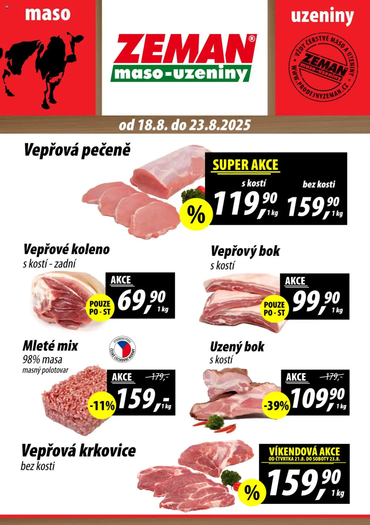 Prodejny Zeman leták od 18.08.2025 | Strana: 1 | Produkty: Vepřové koleno, Vepřová pečeně, Maso, Vepřová krkovice