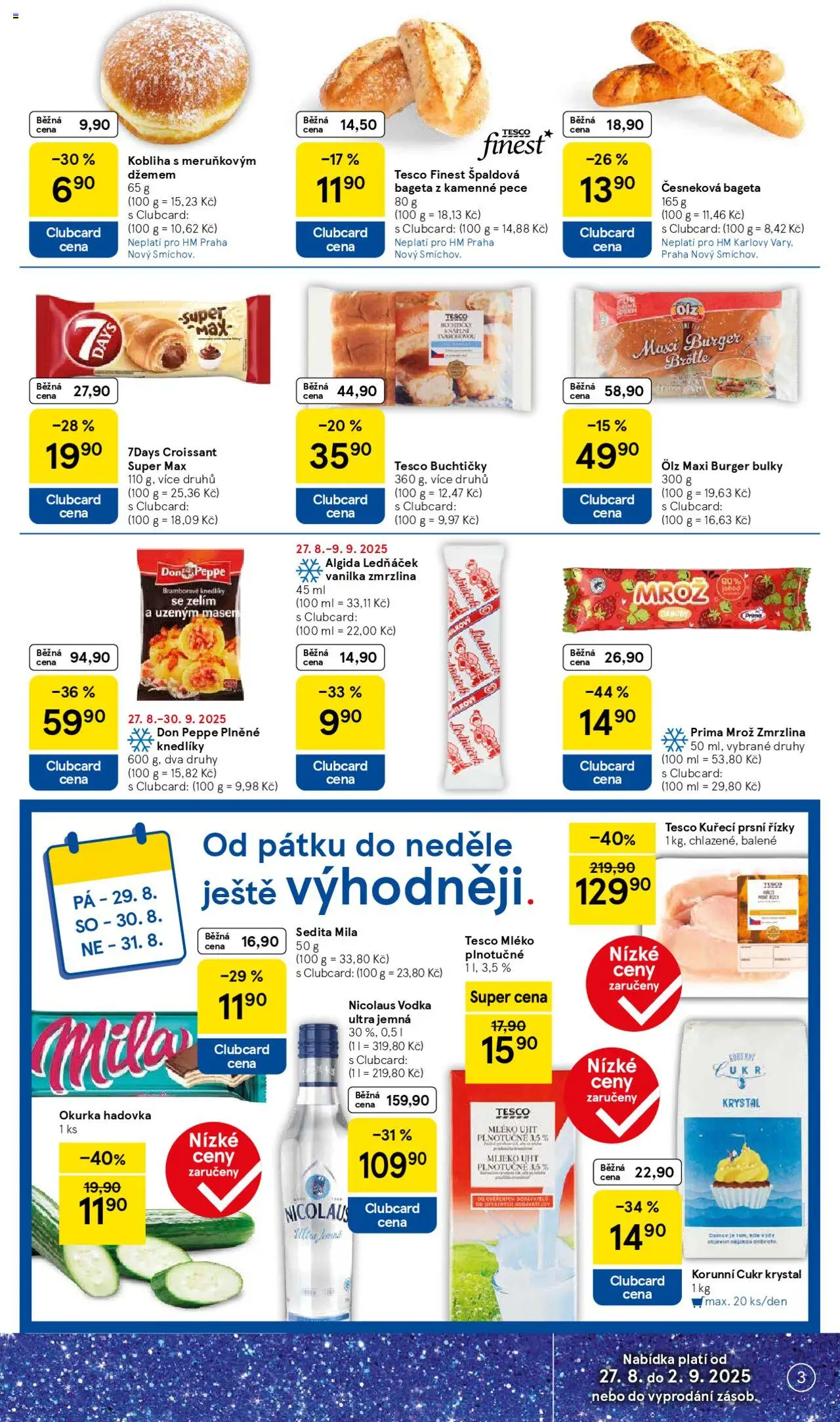 Tesco leták - Hypermarket od 27.08.2025 | Strana: 3 | Produkty: Burger, Mléko, Finest, Kuřecí prsní řízky