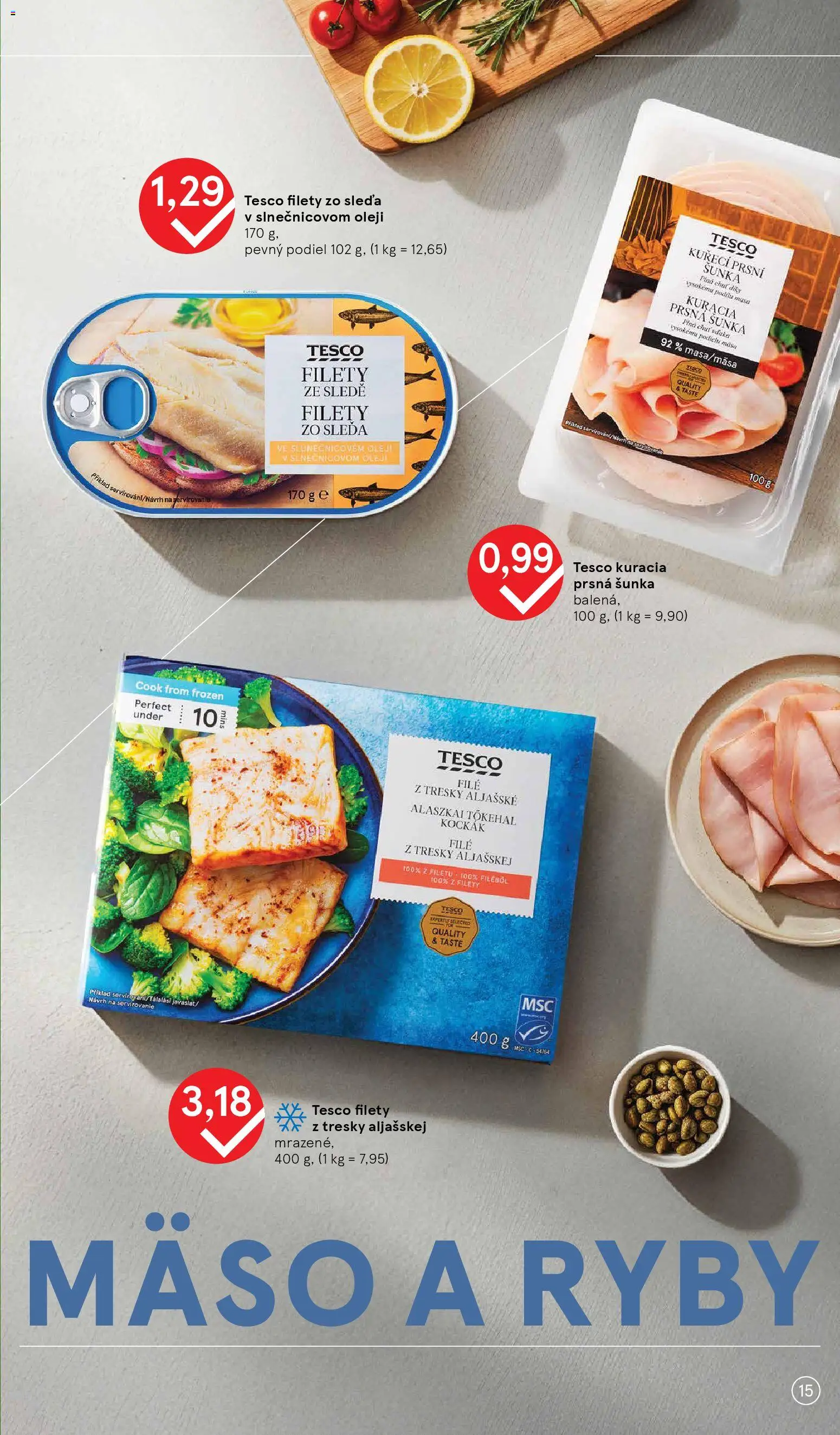 Nové Tesco akcie – leták je platný od 07.01.2026 | Strana: 15 | Produkty: Šunka, Ryby