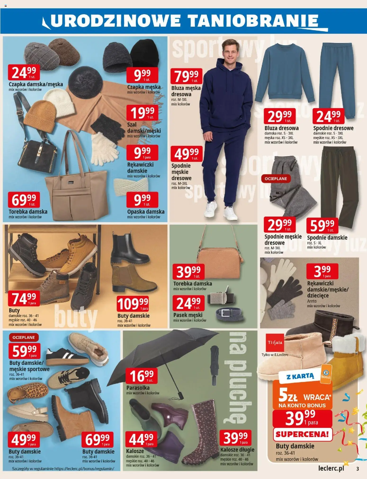 E.Leclerc Gazetka - Wrocław od 04.11.2025 | Strona: 3 | Produkty: Spodnie, Kalosze, Szal, Pasek