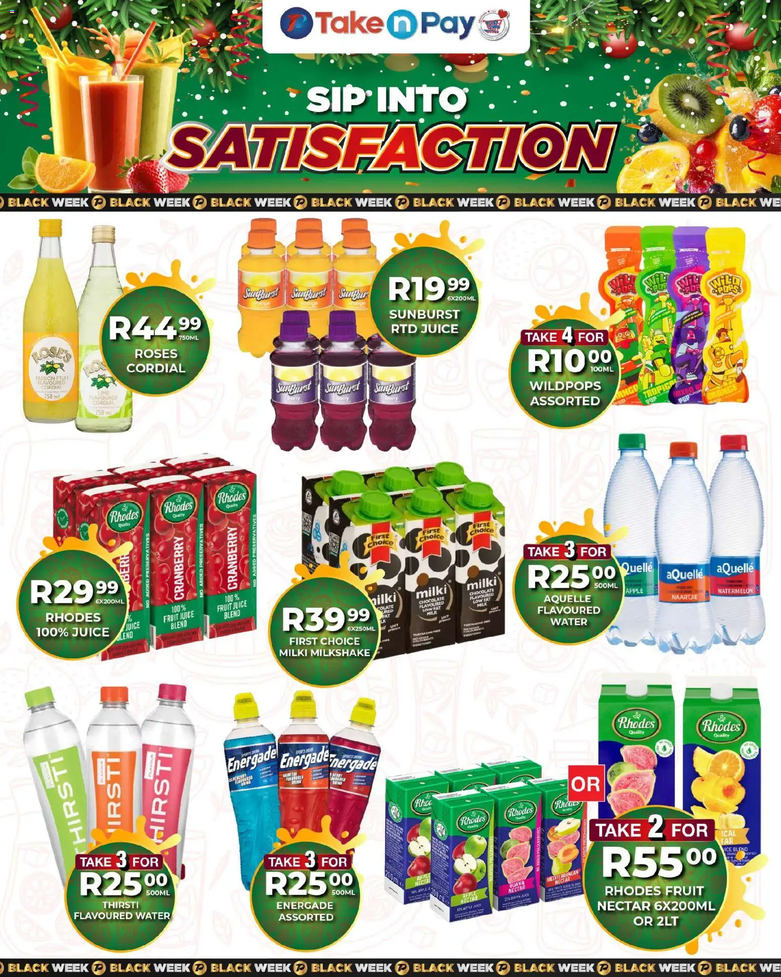 New Take n Pay catalogue – valid from 25.11.2025 | Page: 4 | Products: Milk, Chocolate, Juice, Fruit